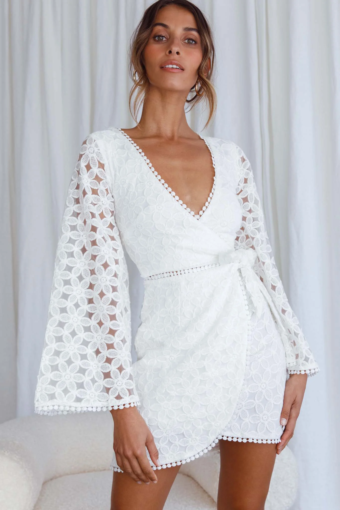 Santa Cruz Bell Sleeve Embroidered Wrap Mini Dress White - Sonourner