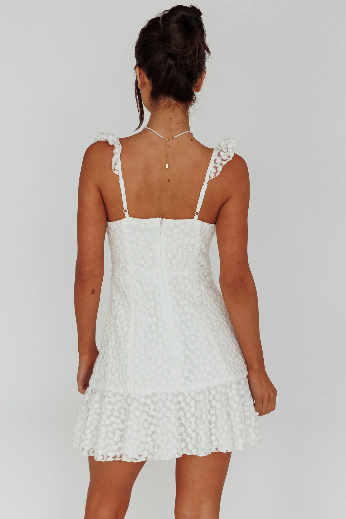 Shenay Ruffle Strap Embroidered Mini Dress White - Sonourner