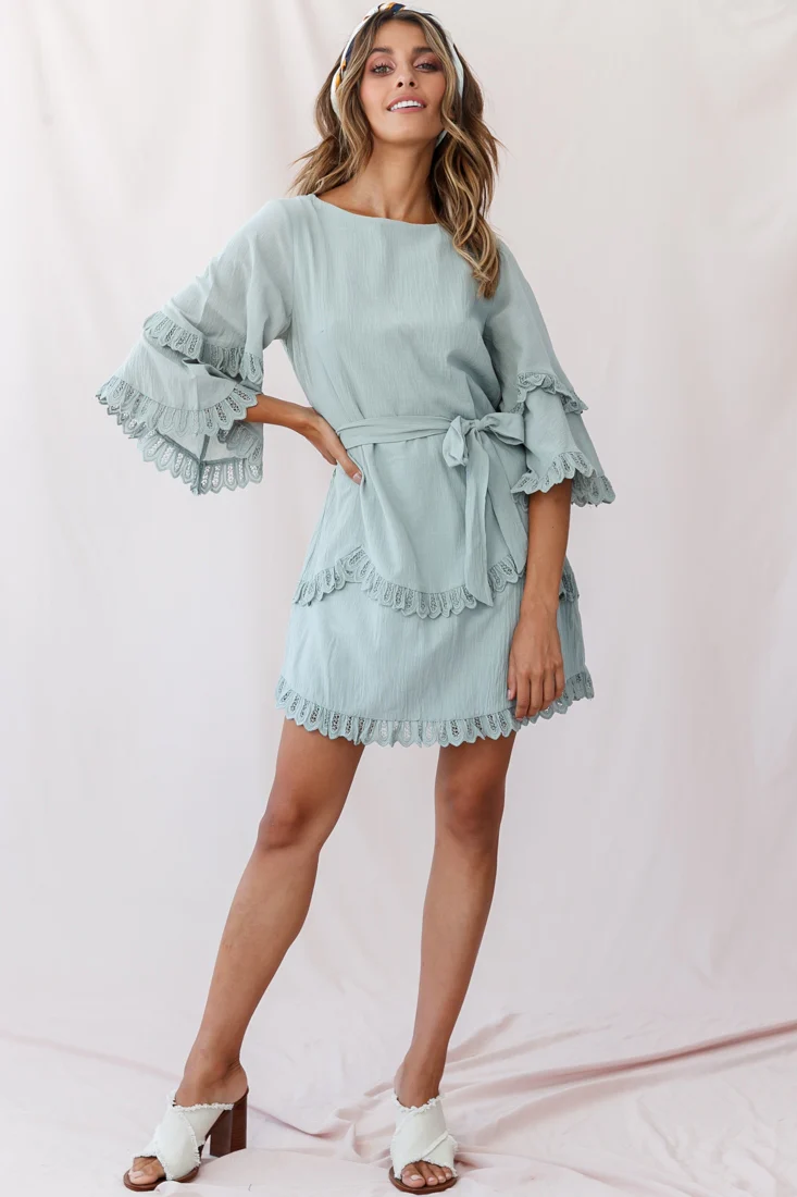Talitha Waist Tie Lace Trim Dress Sage - Sonourner