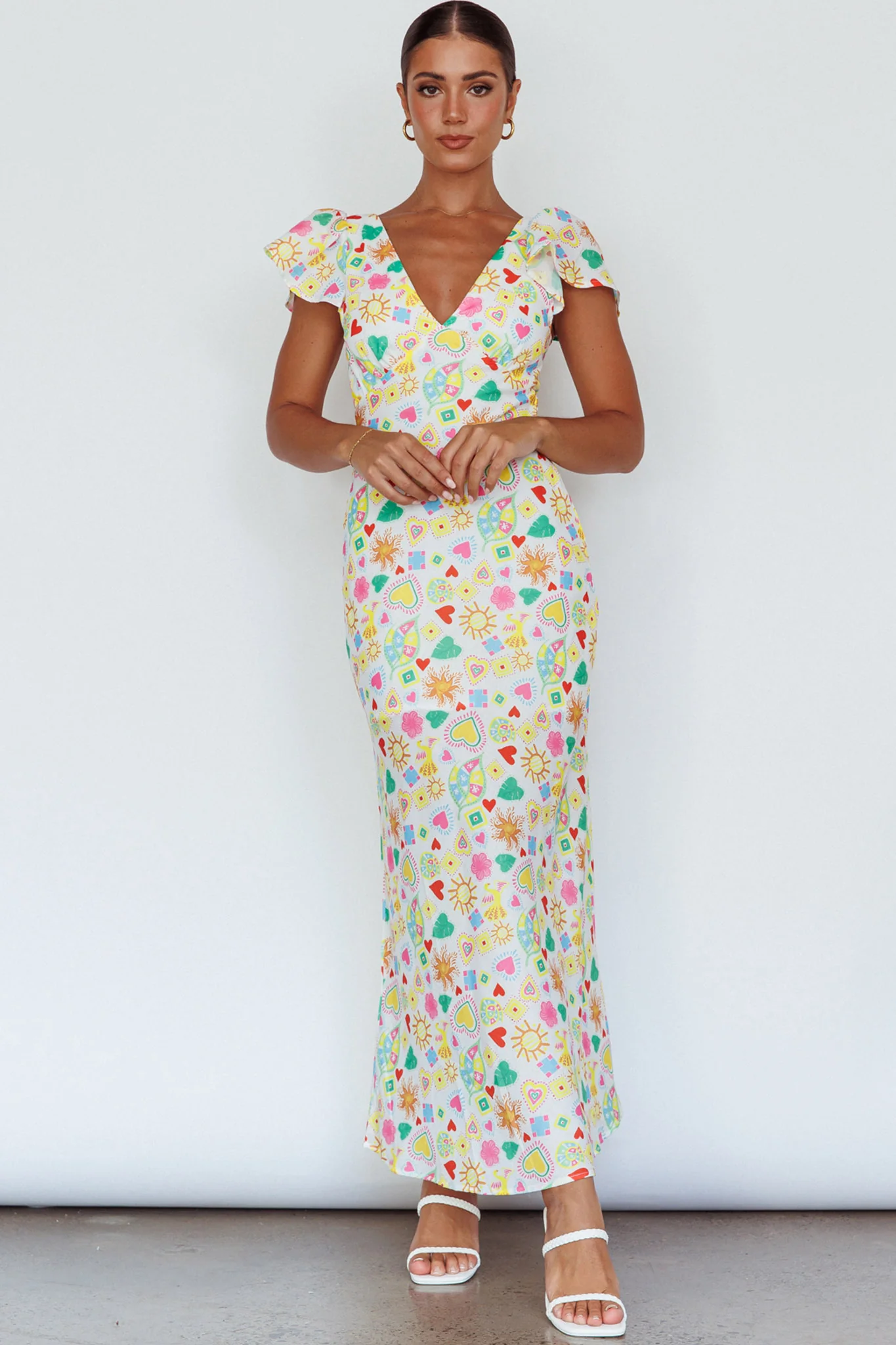 Long Summer Flutter Sleeve Maxi Dress Printed White - Sonourner