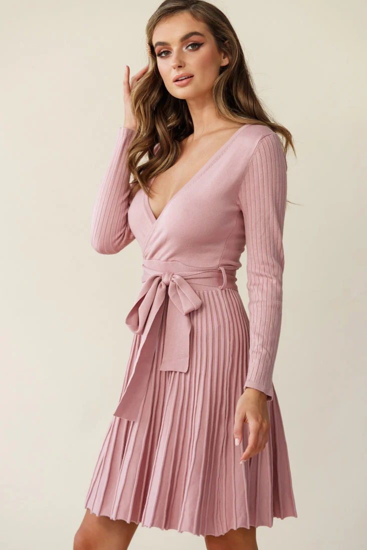 Marlena Long Sleeve Pleated Skirt Knit Dress Blush - Sonourner