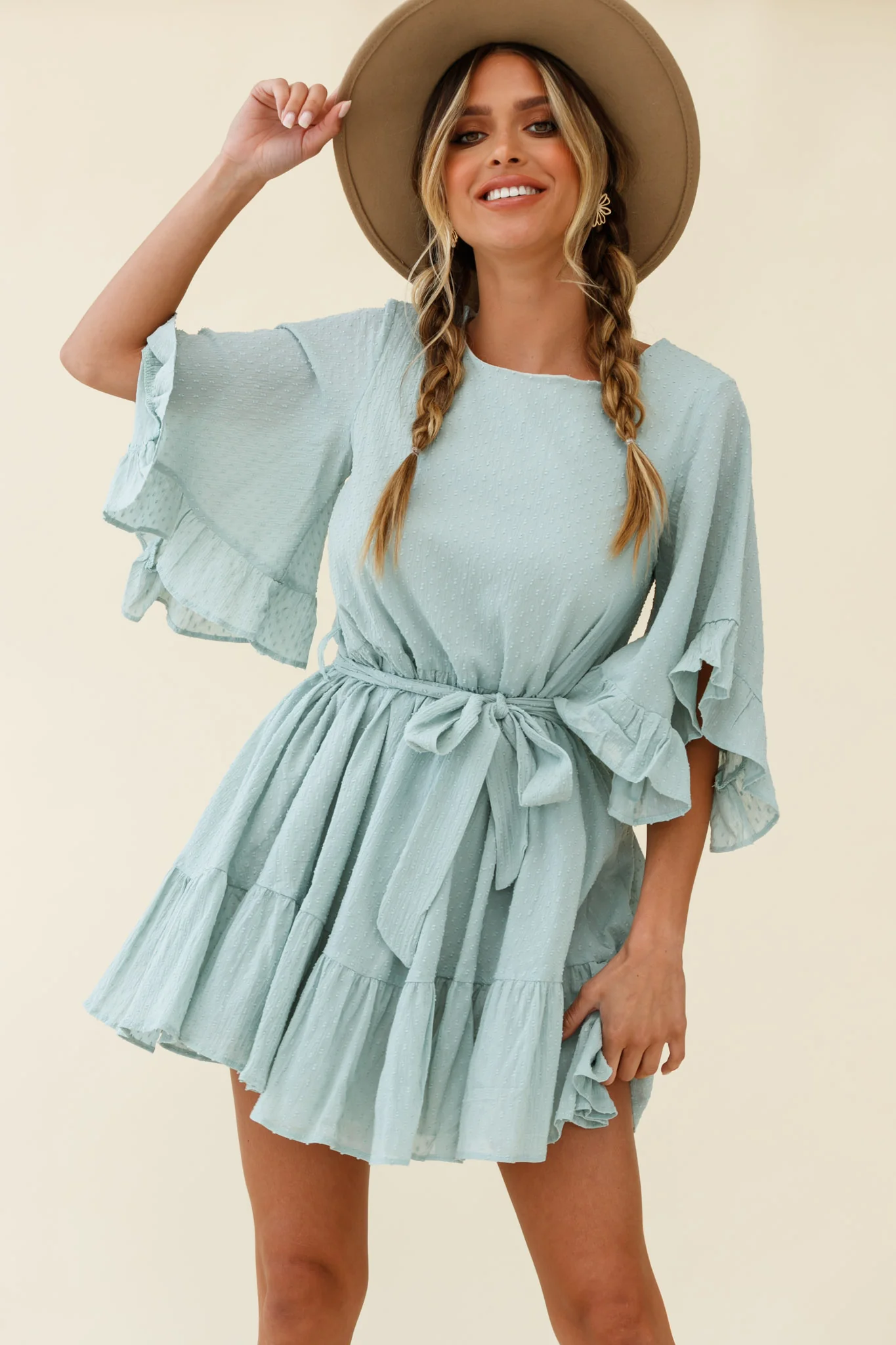 Joni Batwing Sleeve Waist Tie Dress Sage - Sonourner