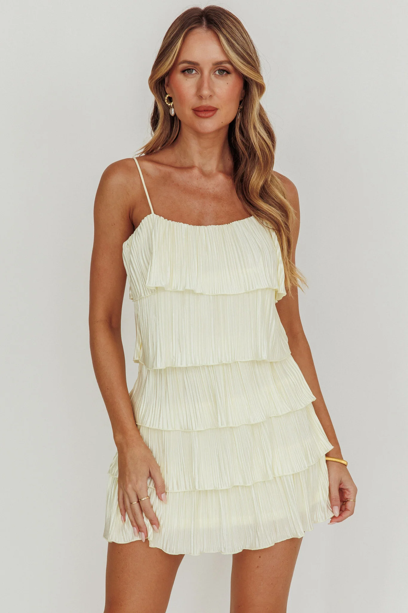 My Type Plisse Tiered Mini Dress Ivory - Sonourner