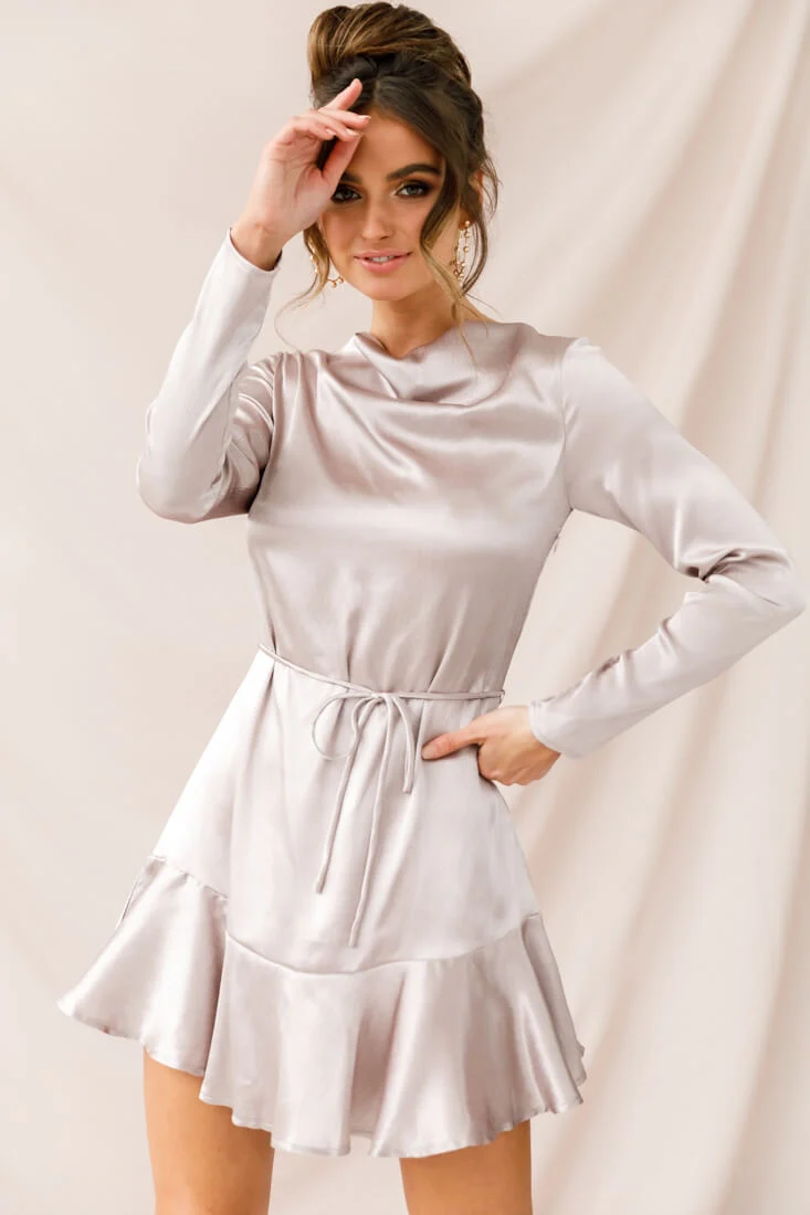 Interstellar Ruffle Hem Long Sleeve Dress Champagne - Sonourner