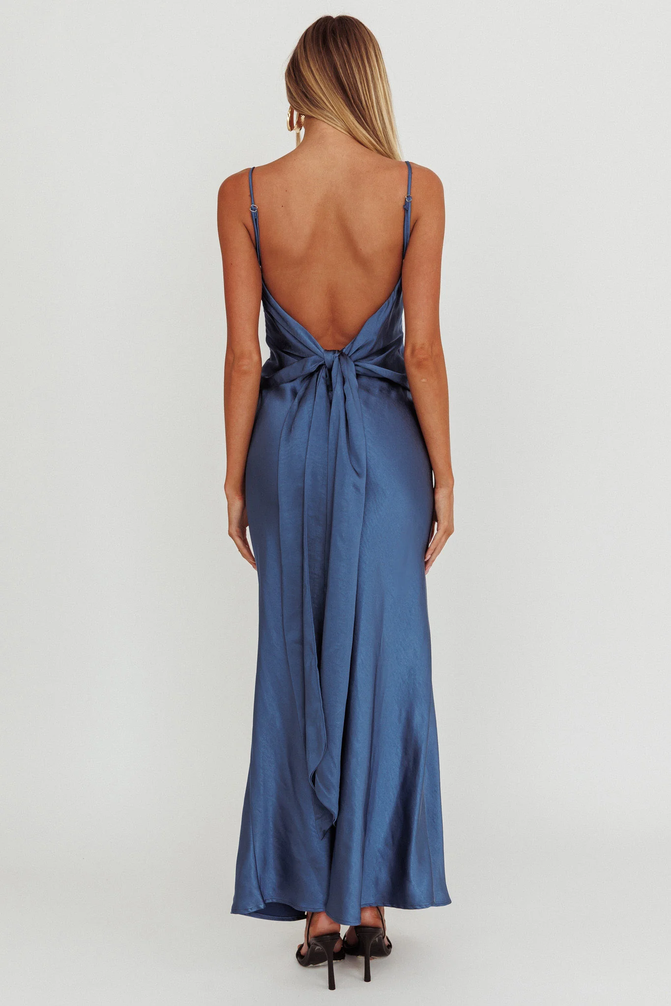 Ciao, Bella Tied Back Satin Maxi Dress Midnight Blue - Sonourner