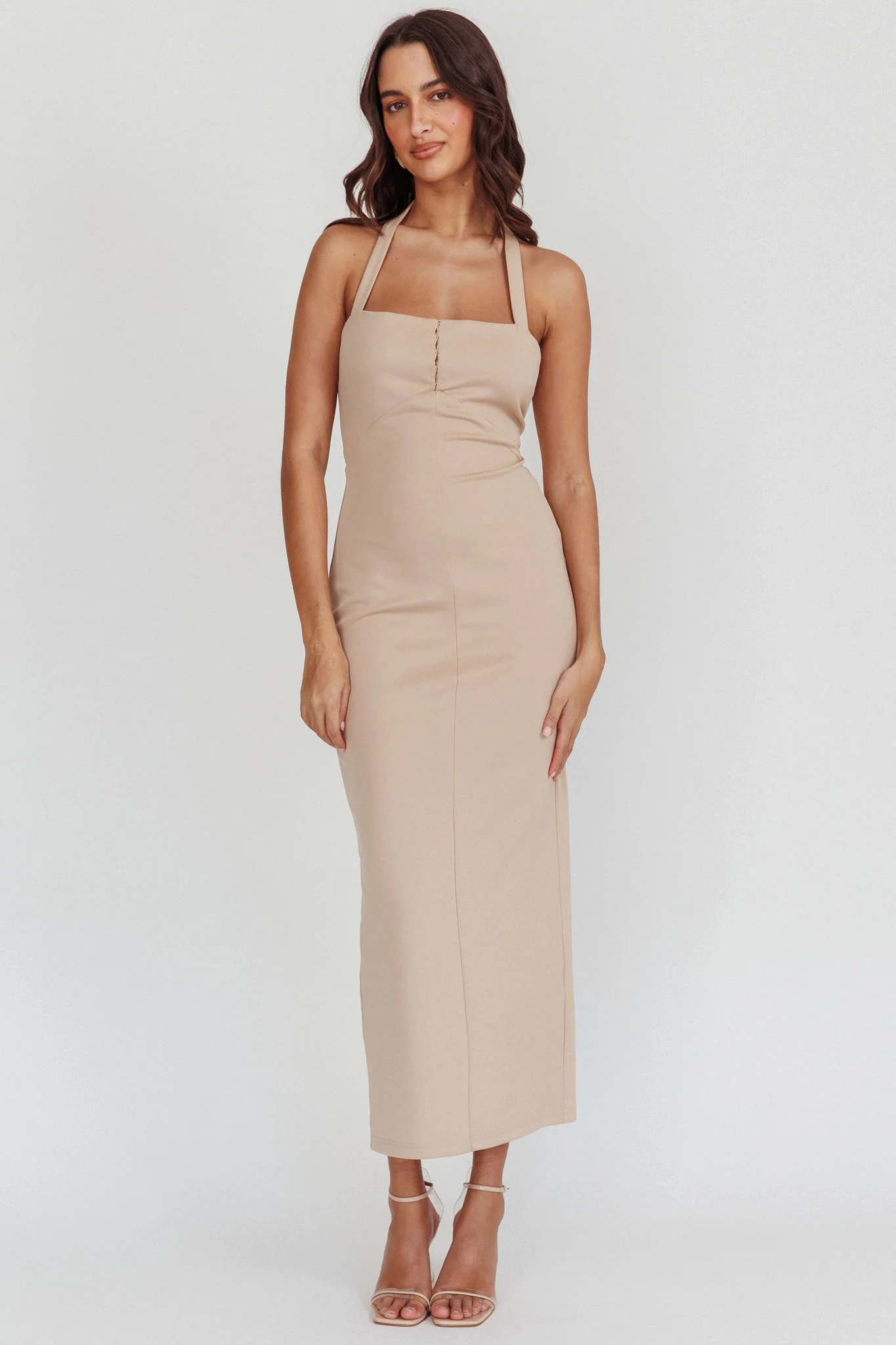 Goldfoil Halter Neck Maxi Dress Ecru - Sonourner