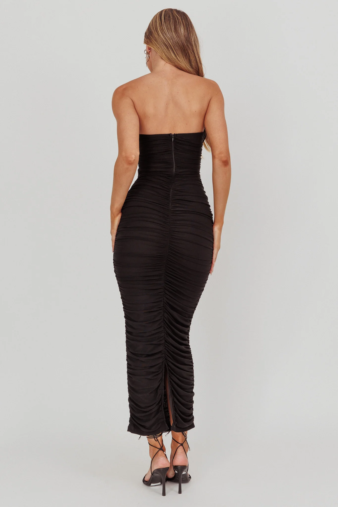 Midwest Strapless Gathered Mesh Maxi Dress Black - Sonourner