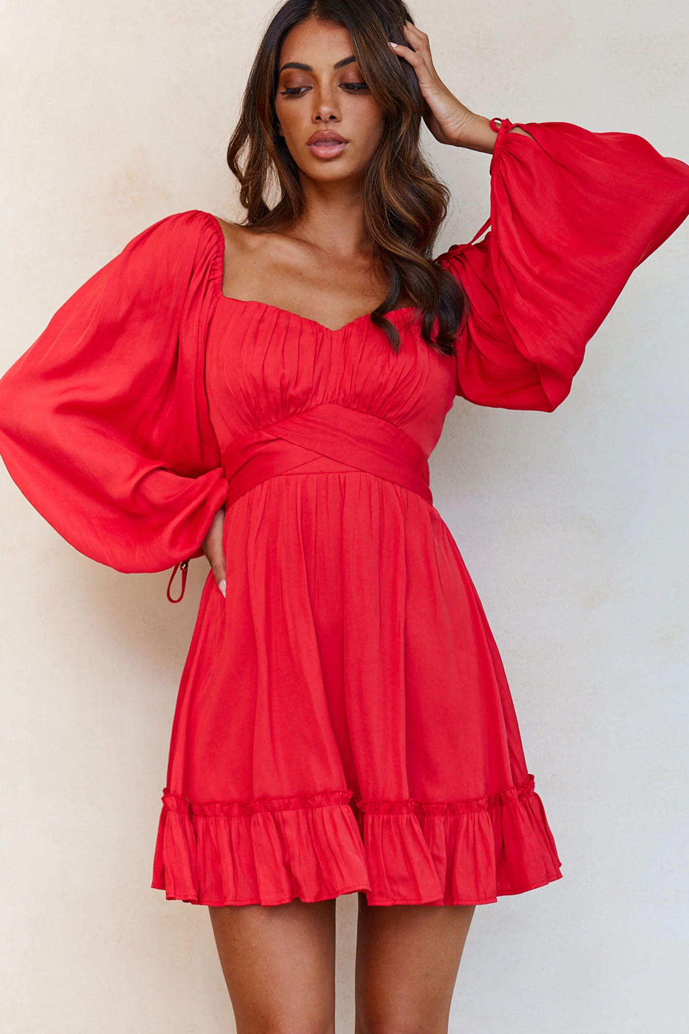Linka On Or Off-Shoulder Long Sleeve Tie-Back Dress Red - Sonourner