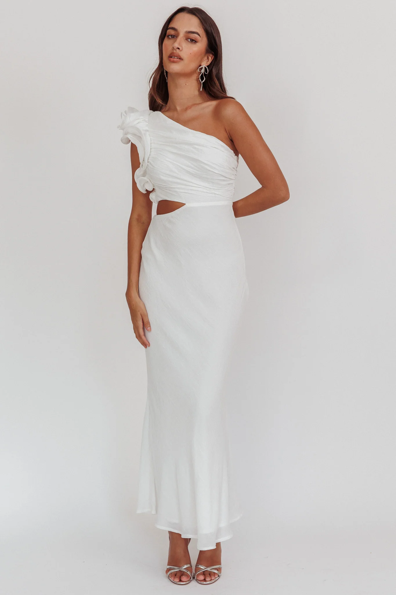 Deanna One-Shoulder Ruffle Maxi Dress White - Sonourner