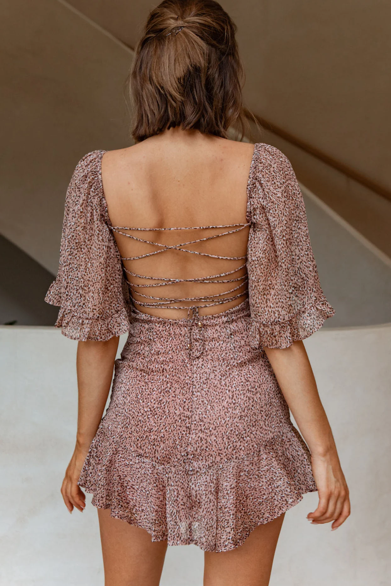 Napa Valley Flounce Hem Tie-Up Back Mini Dress Animal Print Pink - Sonourner