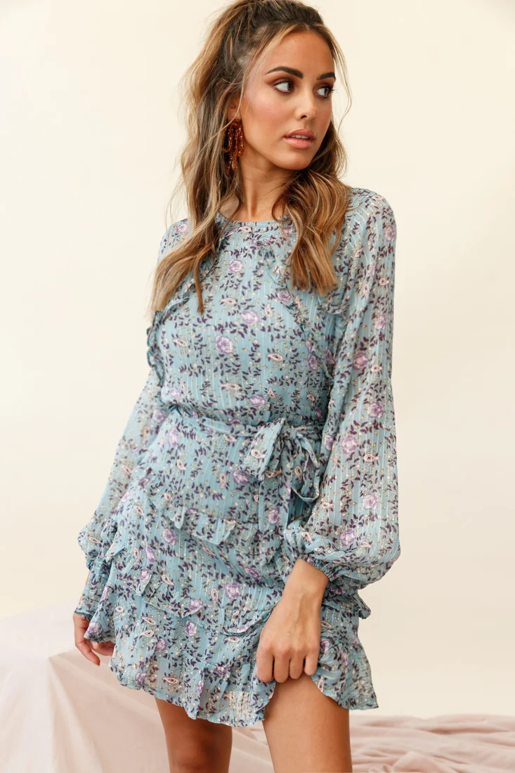 Dusk Long Sleeve Waist Tie Frill Dress Floral Print Midnight Blue - Sonourner