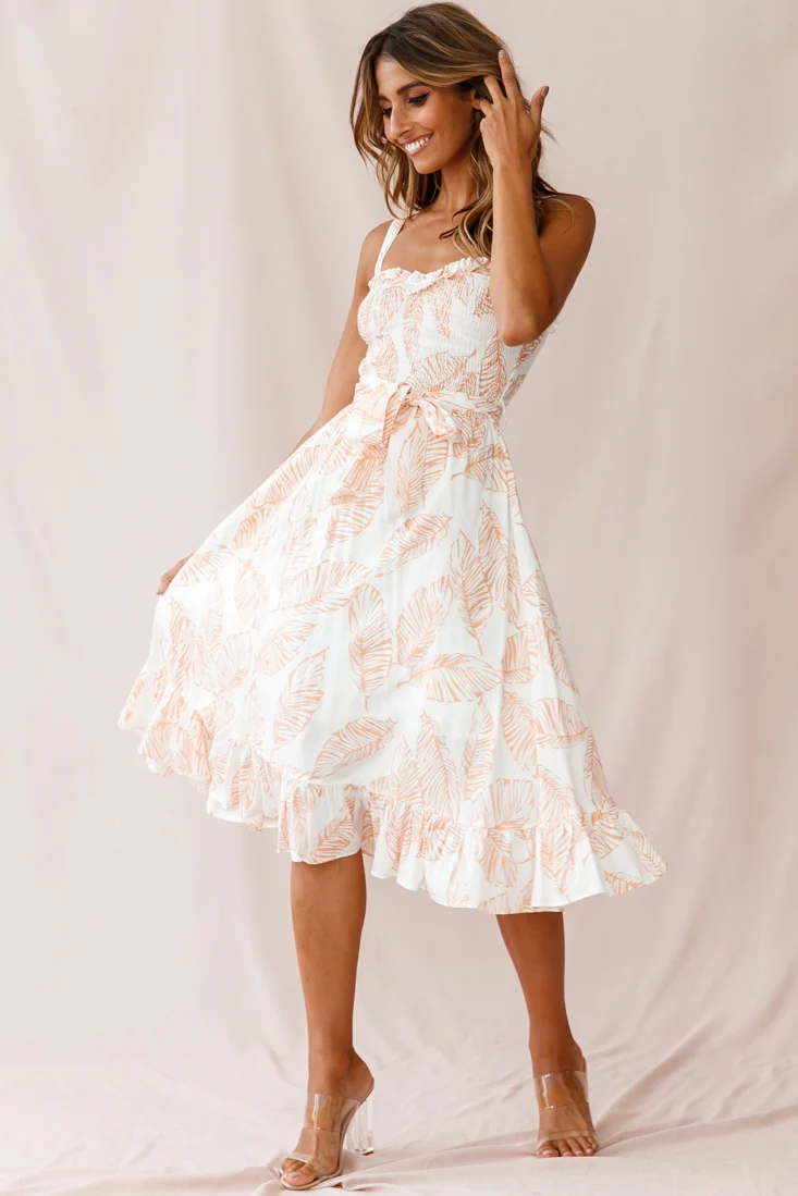 Honey Shirred Frill Midi Dress Nude Print - Sonourner