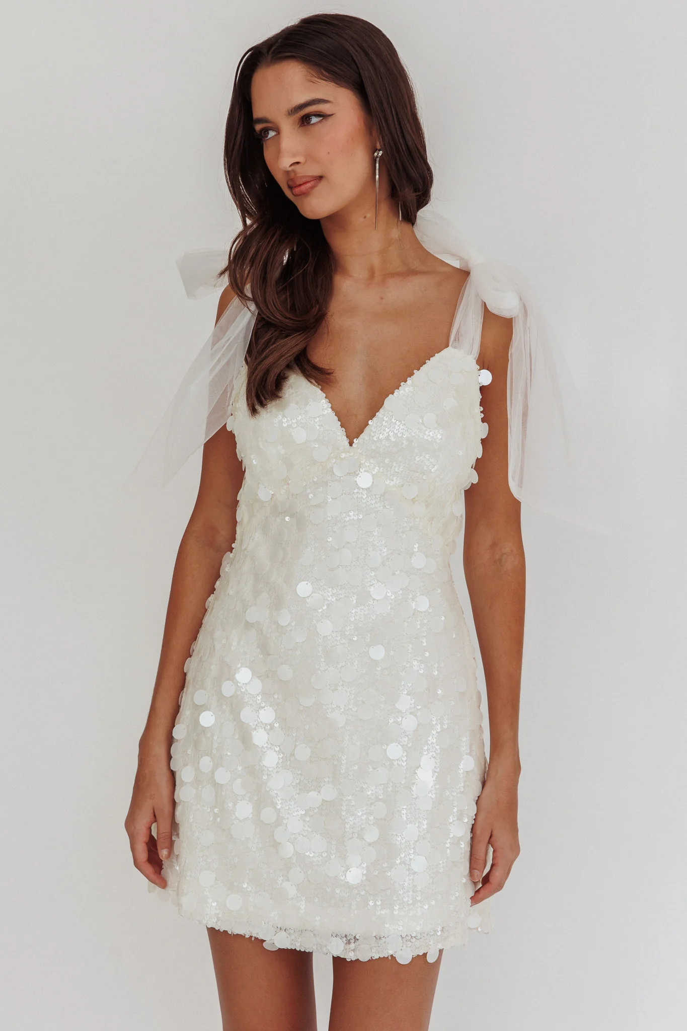 Mykonos Morning Tied Shoulder Sequin Mini Dress White - Sonourner