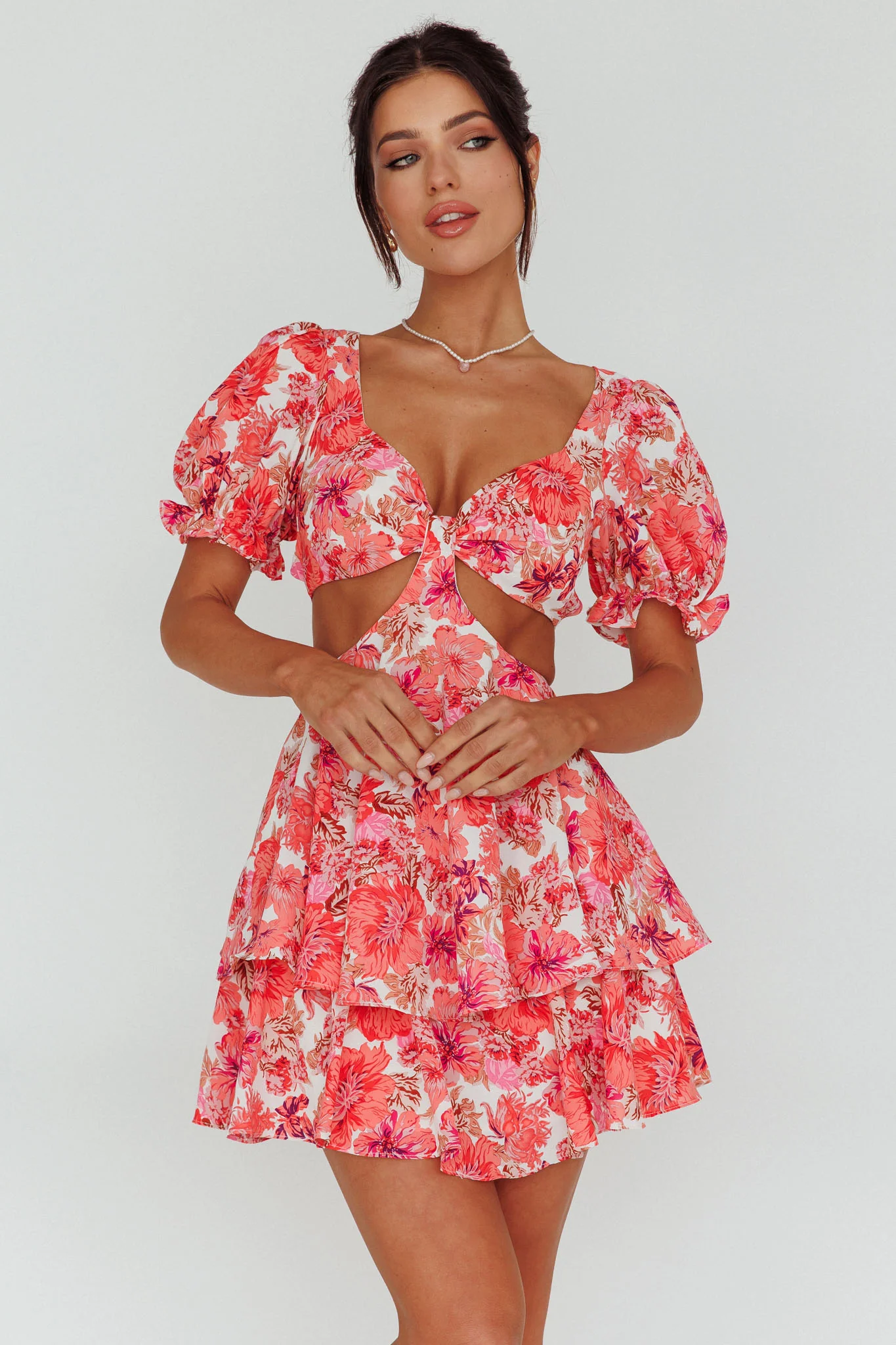 Orianthi Cut-Out Waist Mini Dress Floral Pink - Sonourner