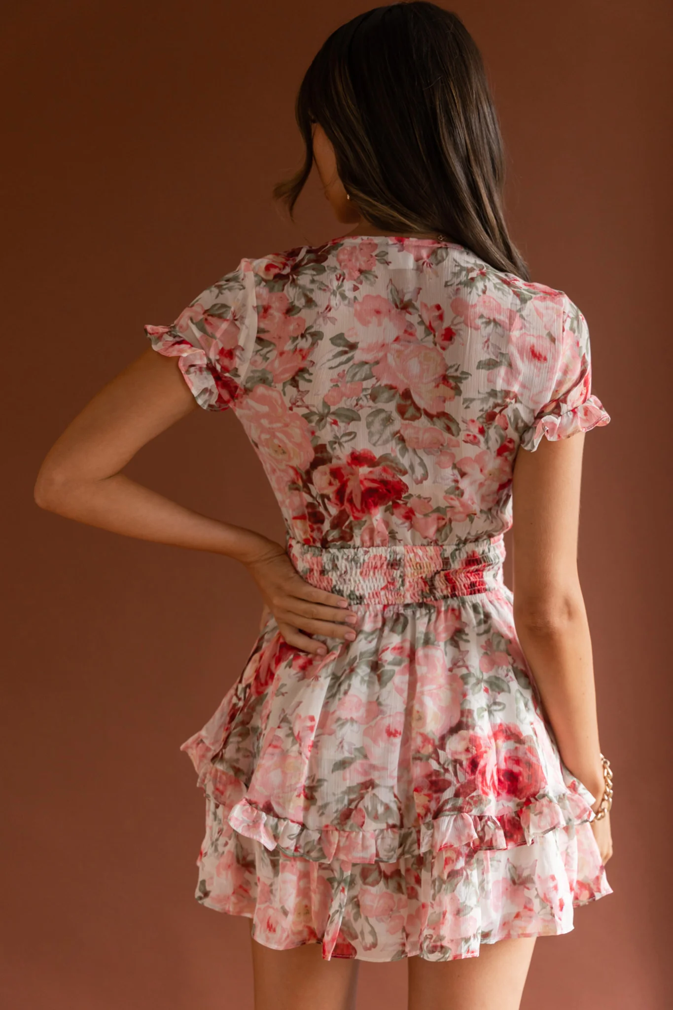 Anthea Bow-Tie Front Layered Frill Dress Floral Print Pink - Sonourner