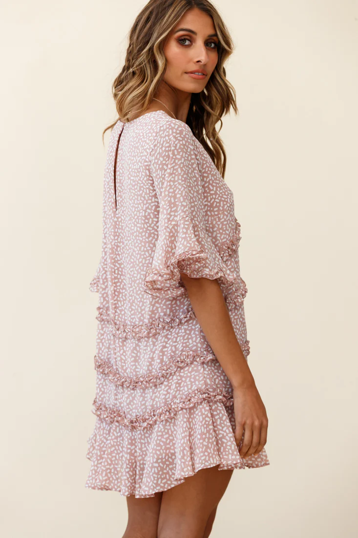 Chasing Daisies Fluted Sleeve Frill Trim Shift Dress Sprinkle Print Pink - Sonourner