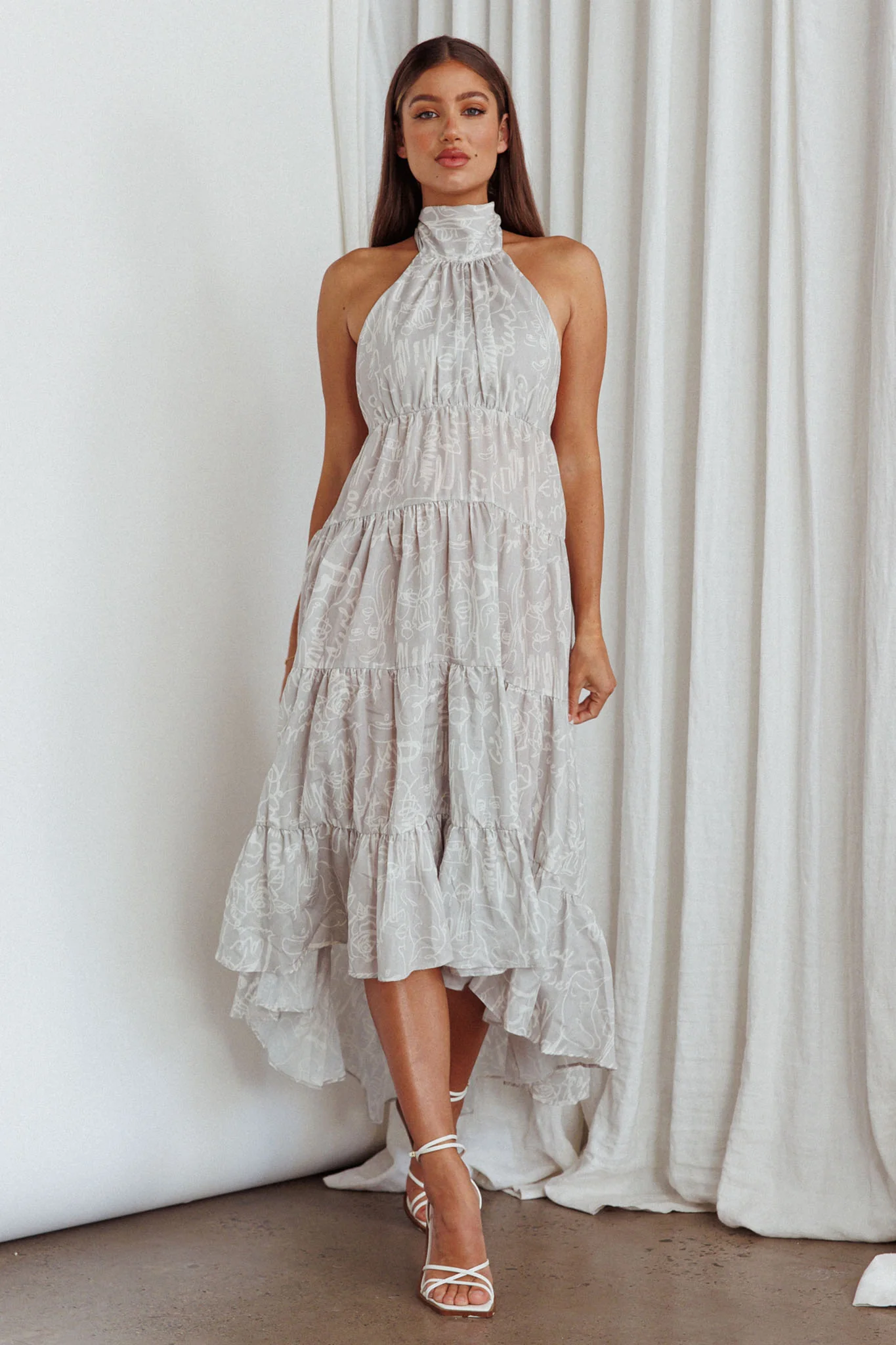 South Haven Halter Midi Dress Floral Beige - Sonourner