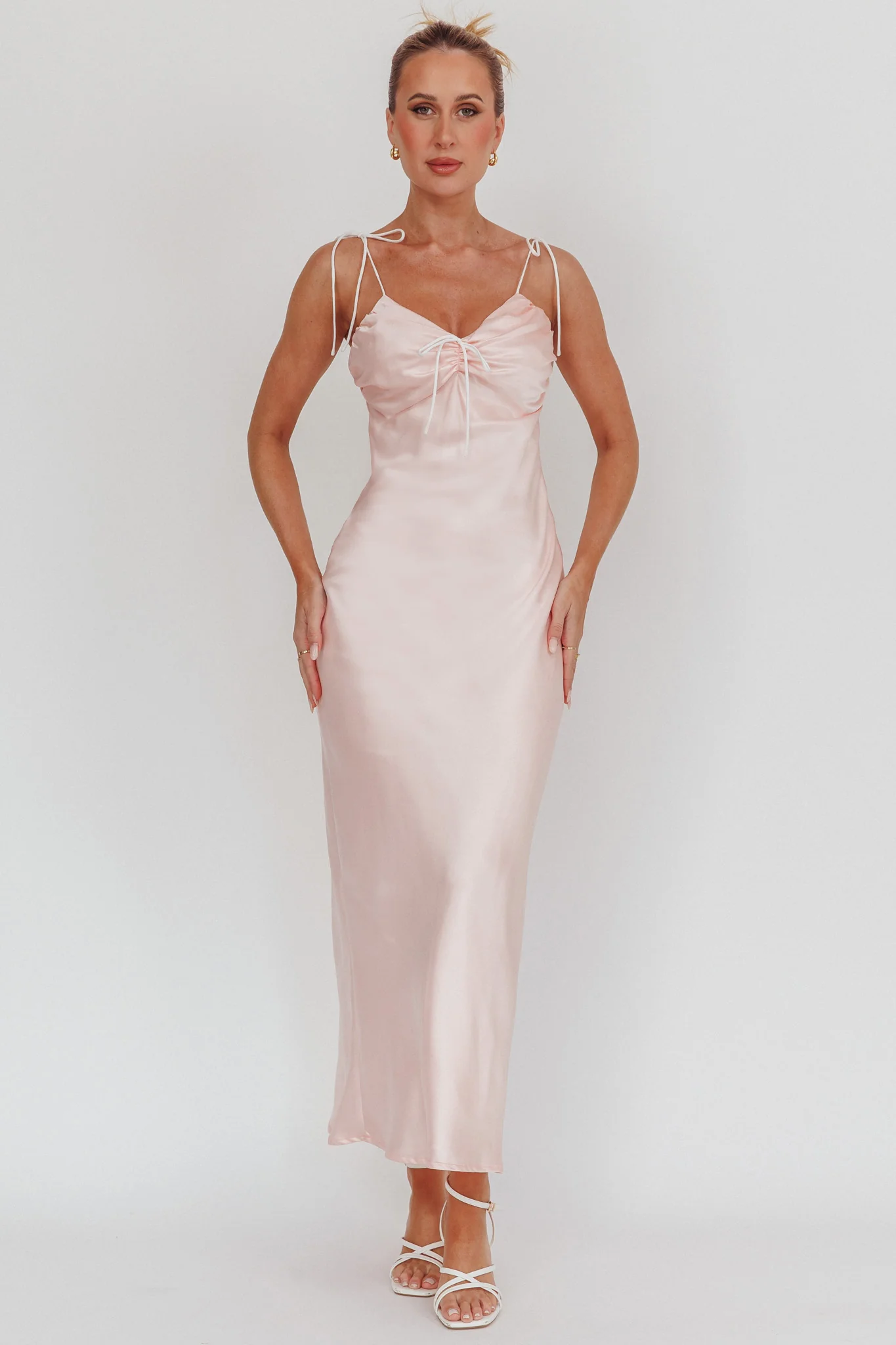 Slow Burn Tied Shoulders Satin Maxi Dress Pink - Sonourner