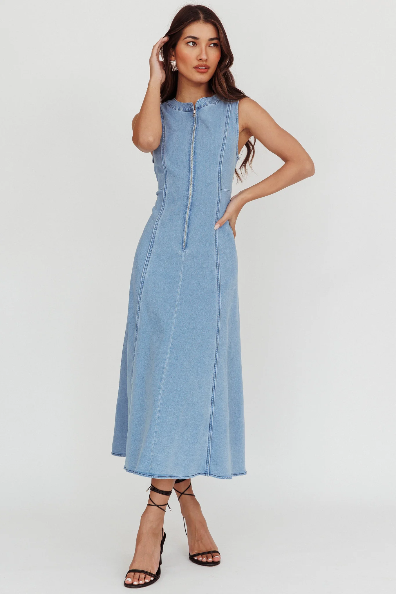 Passionate Flame Sleeveless A-line Midi Dress Denim Blue - Sonourner