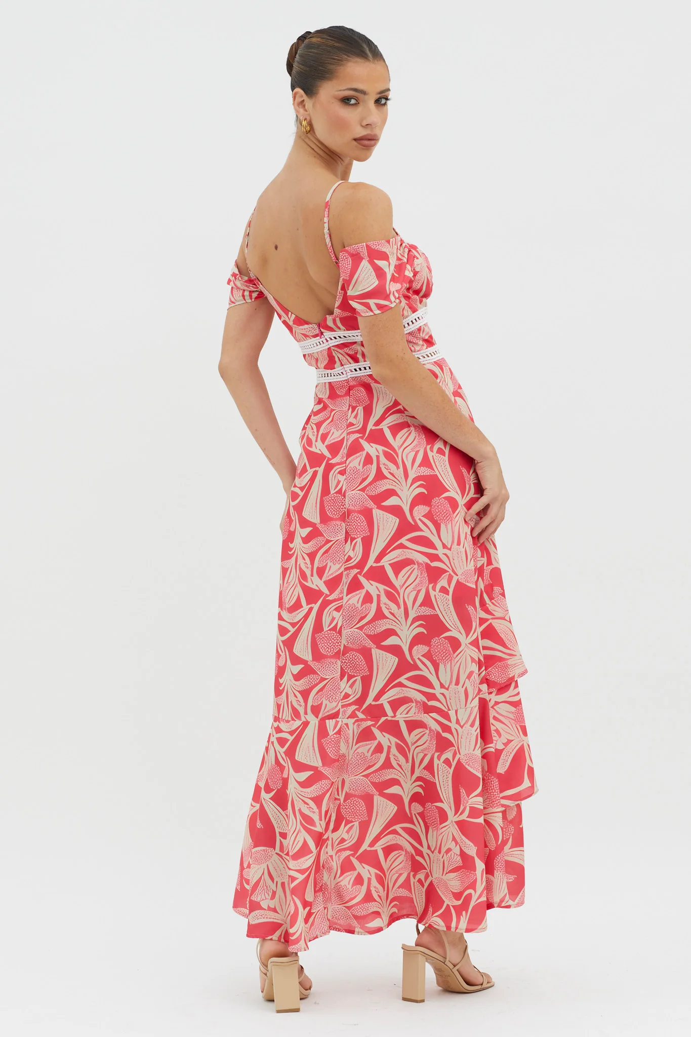 Seina Off-Shoulder Crochet Trim Dress Print Red - Sonourner