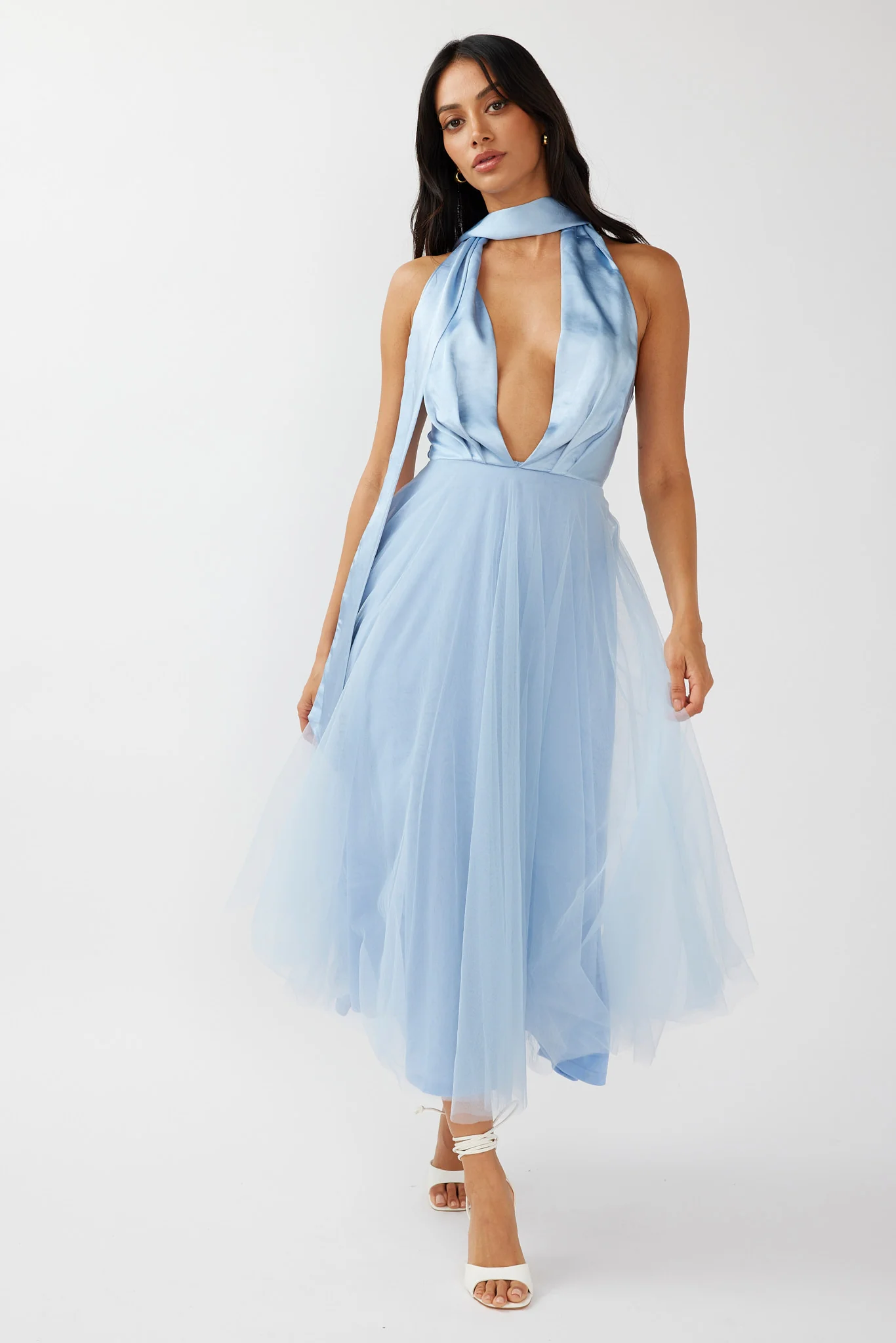 Darci Plunging Neckline Tulle Midi Dress Blue - Sonourner