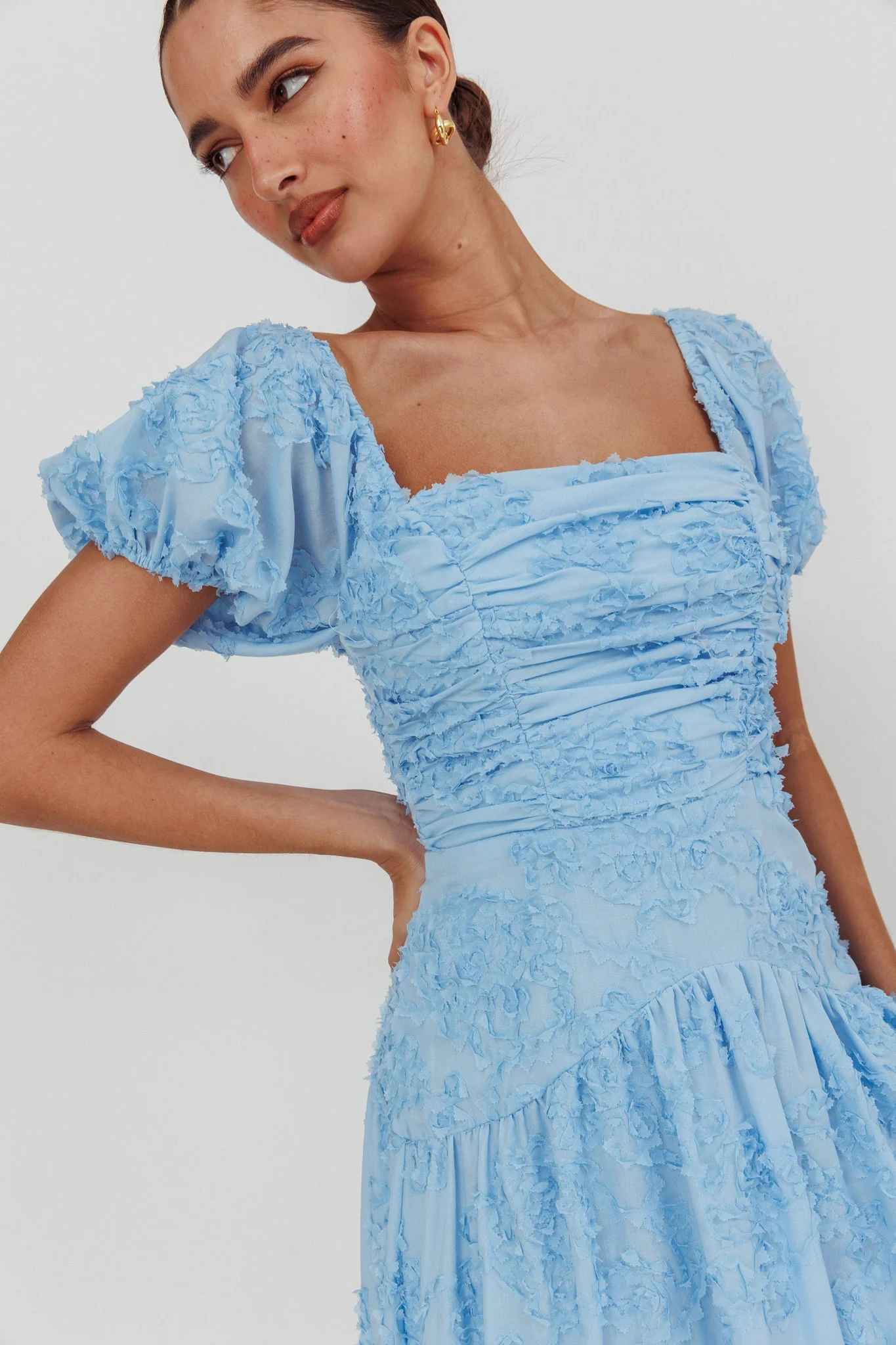 Telma Puff Sleeves Midi Dress Blue - Sonourner