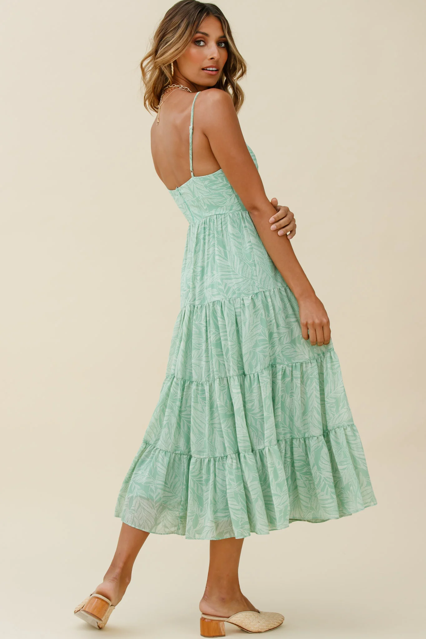 Eternal Sunshine Gathered Bust Maxi Dress Leaf Print Green - Sonourner