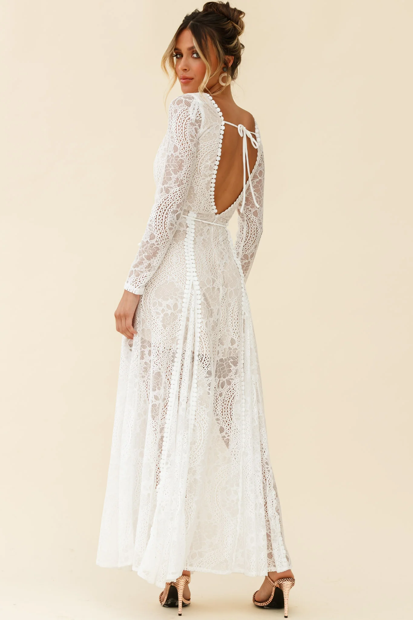 Palm Springs Long Sleeve Lace Overlay Maxi Dress White - Sonourner