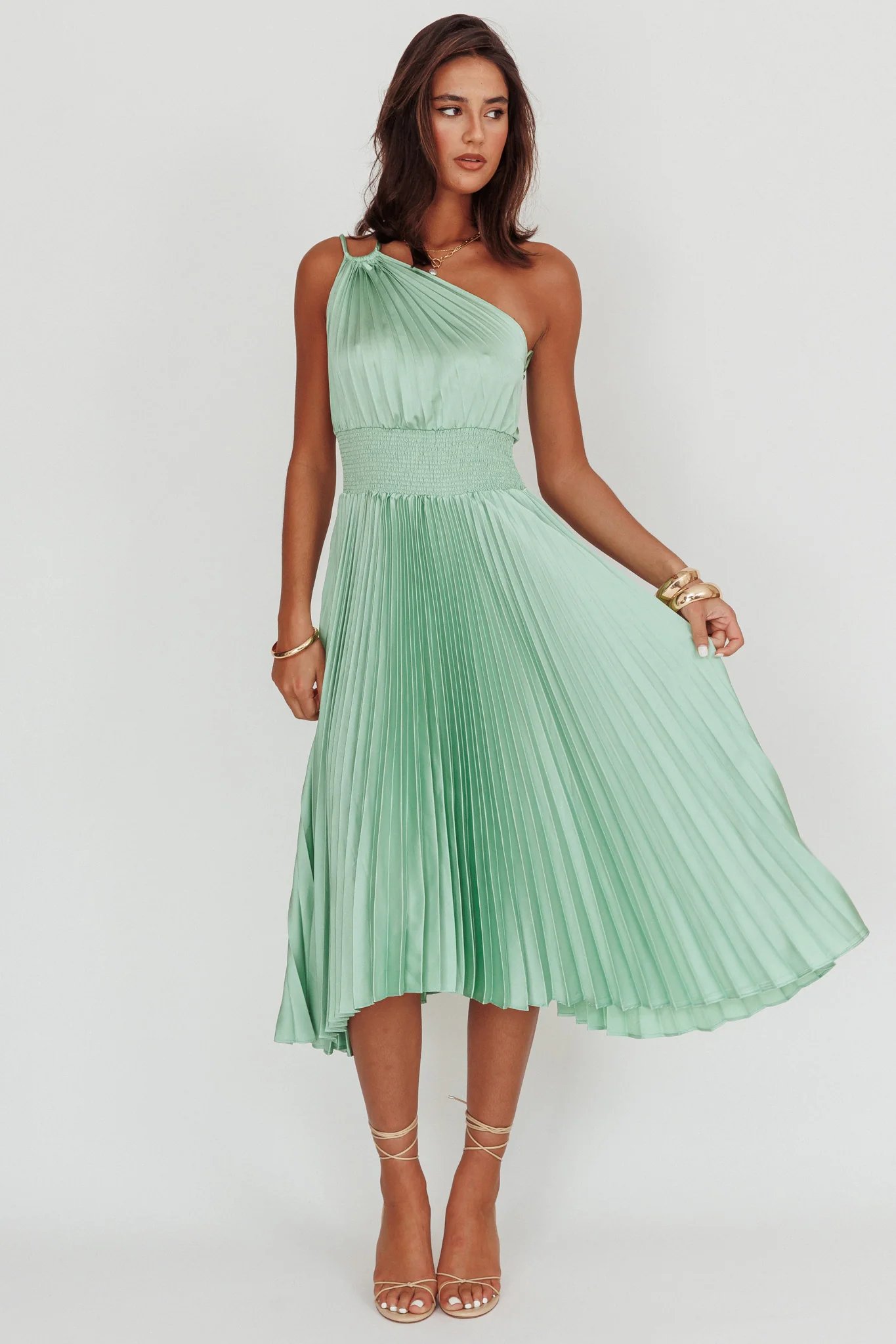 Calissa One Shoulder Pleated Midi Dress Sage - Sonourner