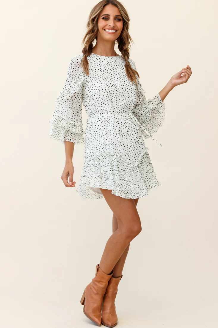 Yours Sincerely Three-Quarter Sleeve Accordion Pleat Dress Speckle Print White - Sonourner
