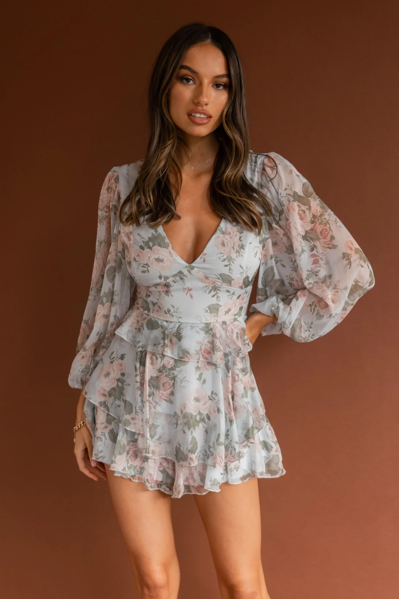 La Nena Frill Trim Flounce Romper Floral Green - Sonourner