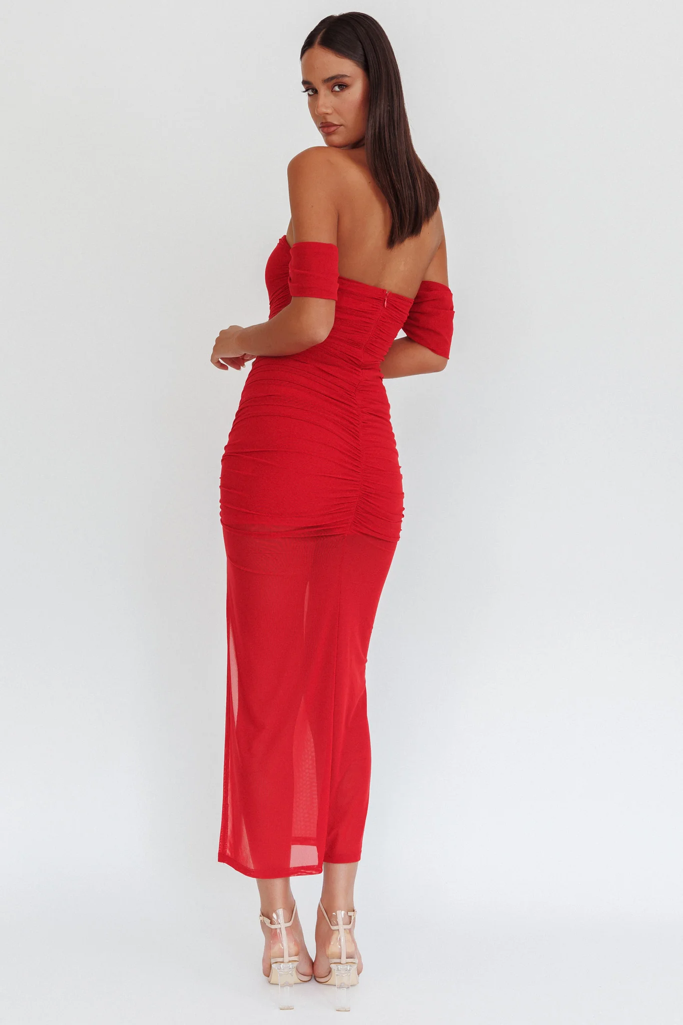 Melonie Off-Shoulder Mesh Maxi Dress Red - Sonourner