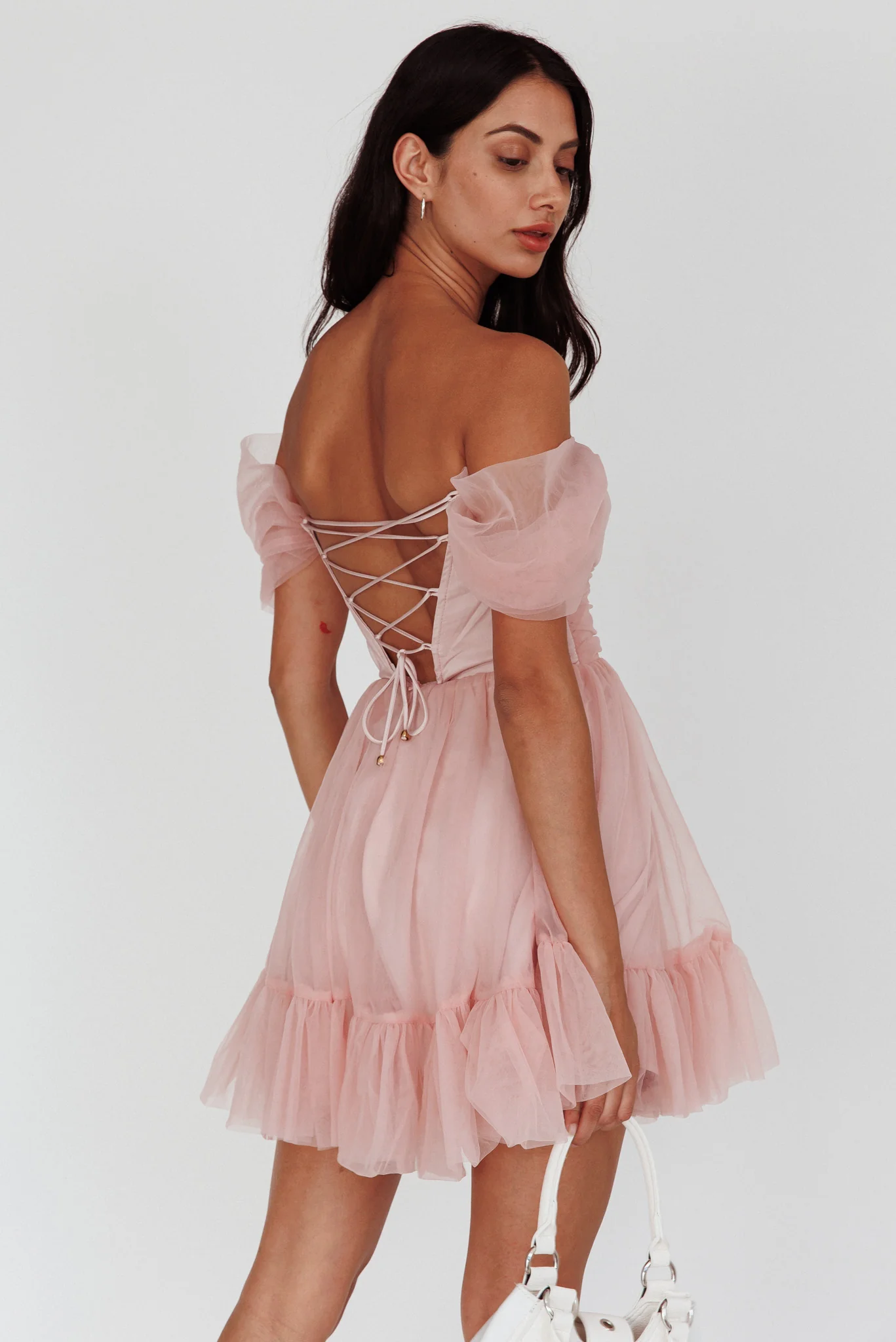 Pixi Off-Shoulder Lace-Up Back Back Dress Pink - Sonourner