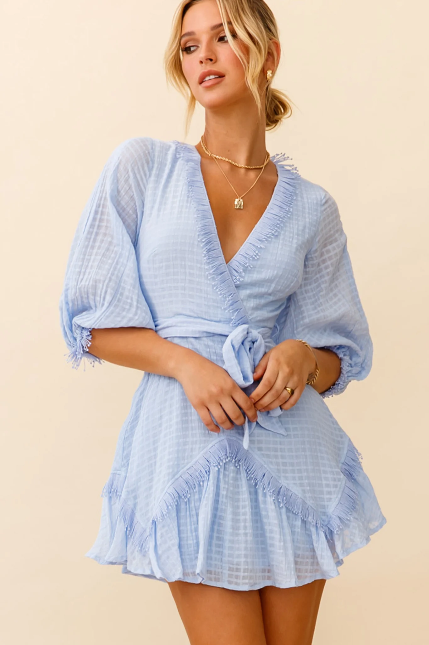 Flyin' Solo Fringe Trim Waist Tie Dress Steel Blue - Sonourner