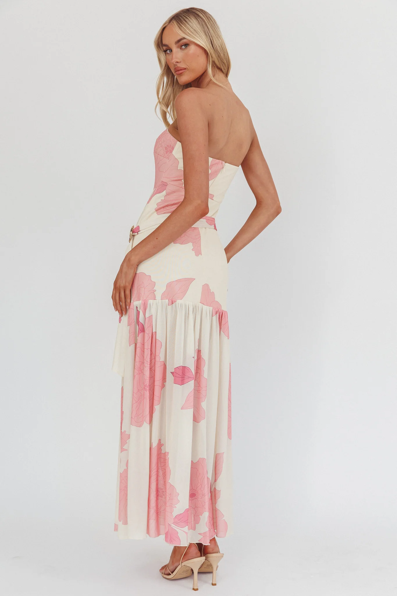 Antonella Strapless Waist Sash Maxi Dress Floral Pink - Sonourner