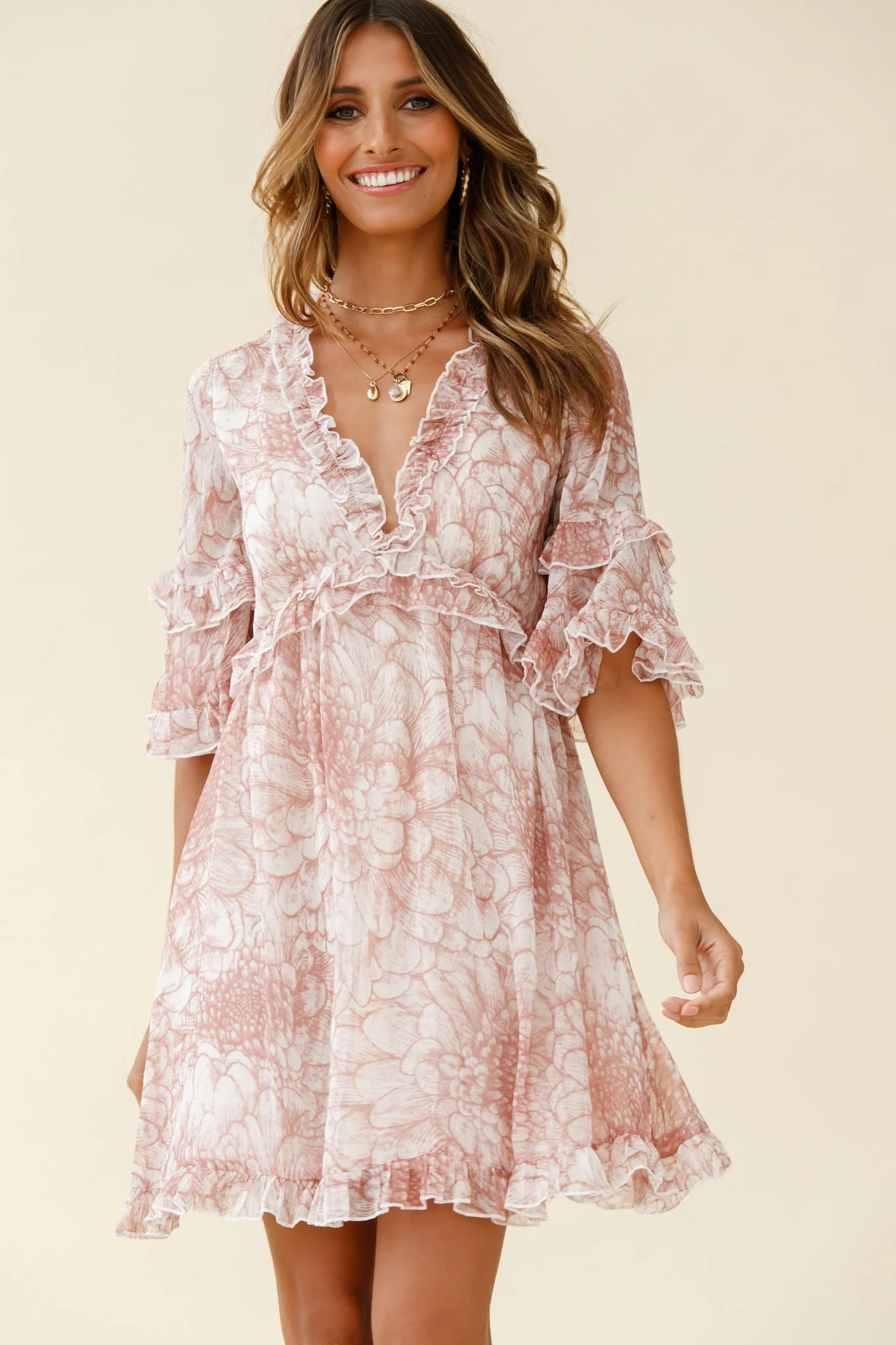 Gemma V-Neckline Frill Detail Dress Flower Print Nude - Sonourner