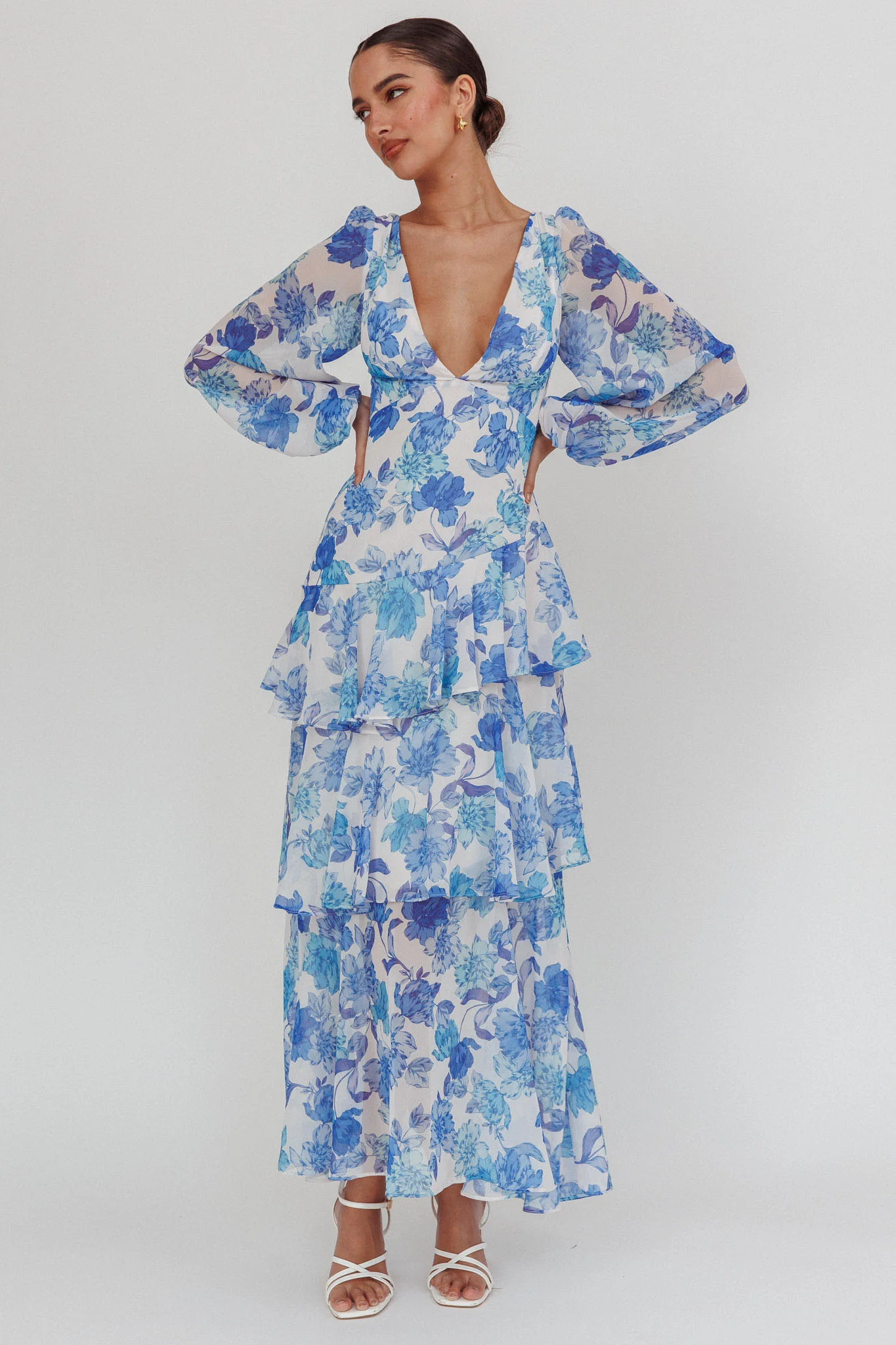 Veda Long Sleeve Floral Tiered Ruffle Maxi Dress Blue - Sonourner