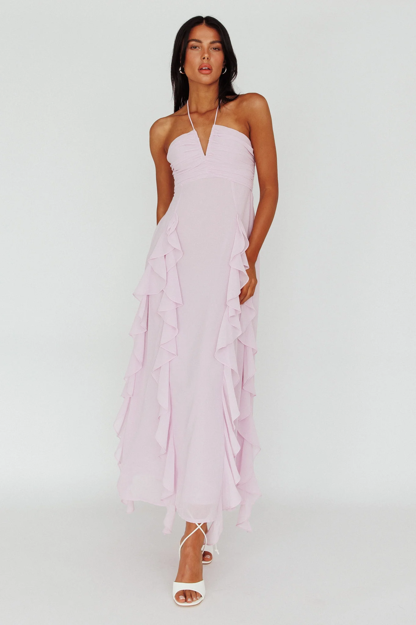Asiah Ruffle Trim Halterneck Maxi Dress Lavender - Sonourner