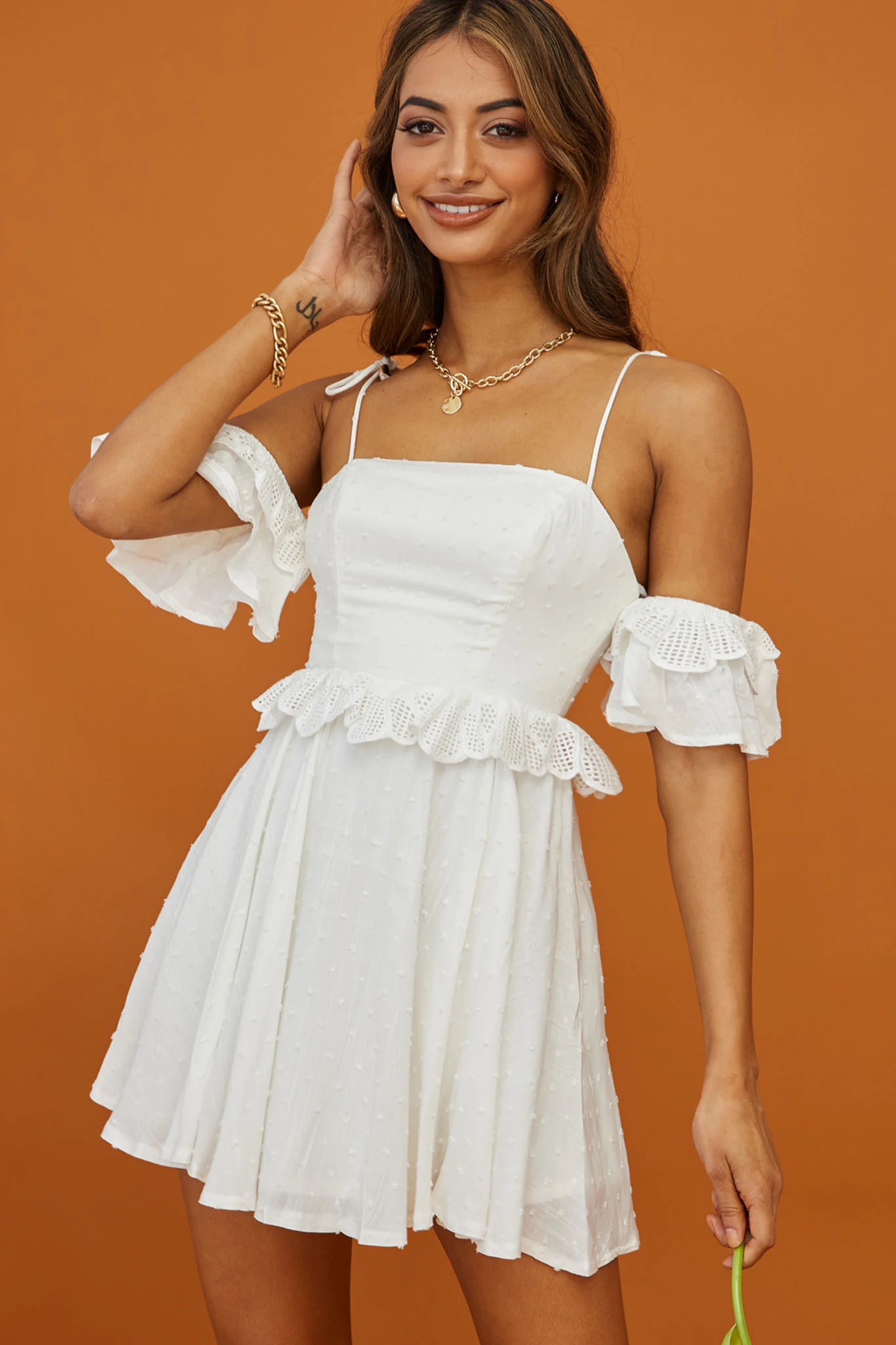 Wayside String Tie Strap Lace Trim Mini Dress White - Sonourner