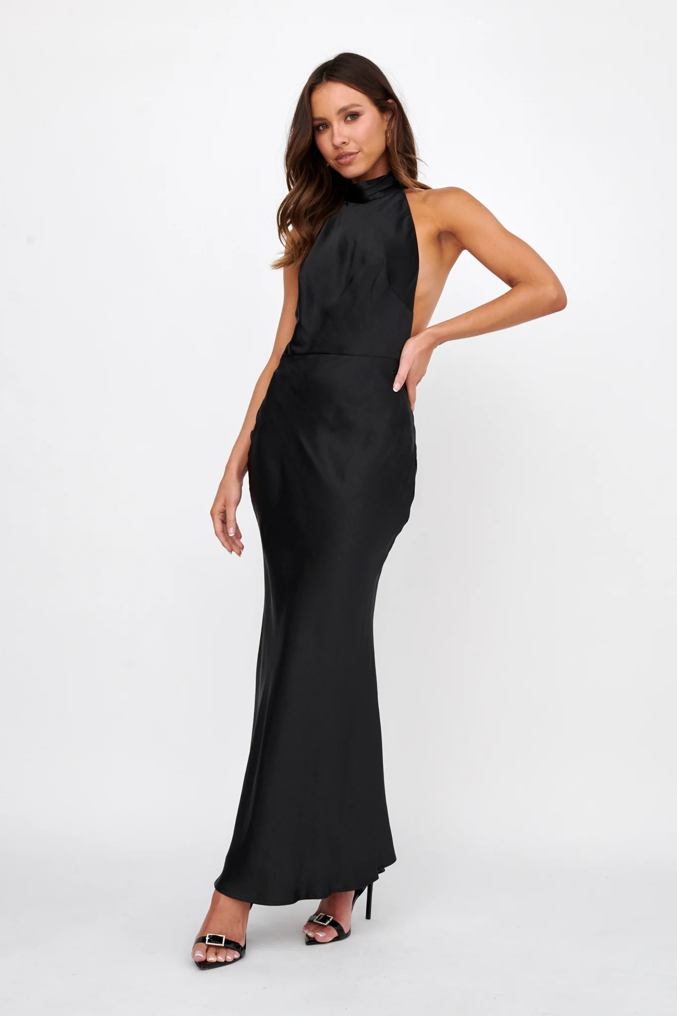 Italia Azure Halterneck Pearl Back Maxi Dress Black - Sonourner