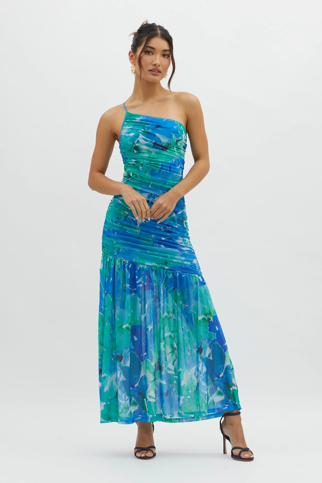 Golden Sun One-Shoulder Ruched Maxi Dress Green - Sonourner
