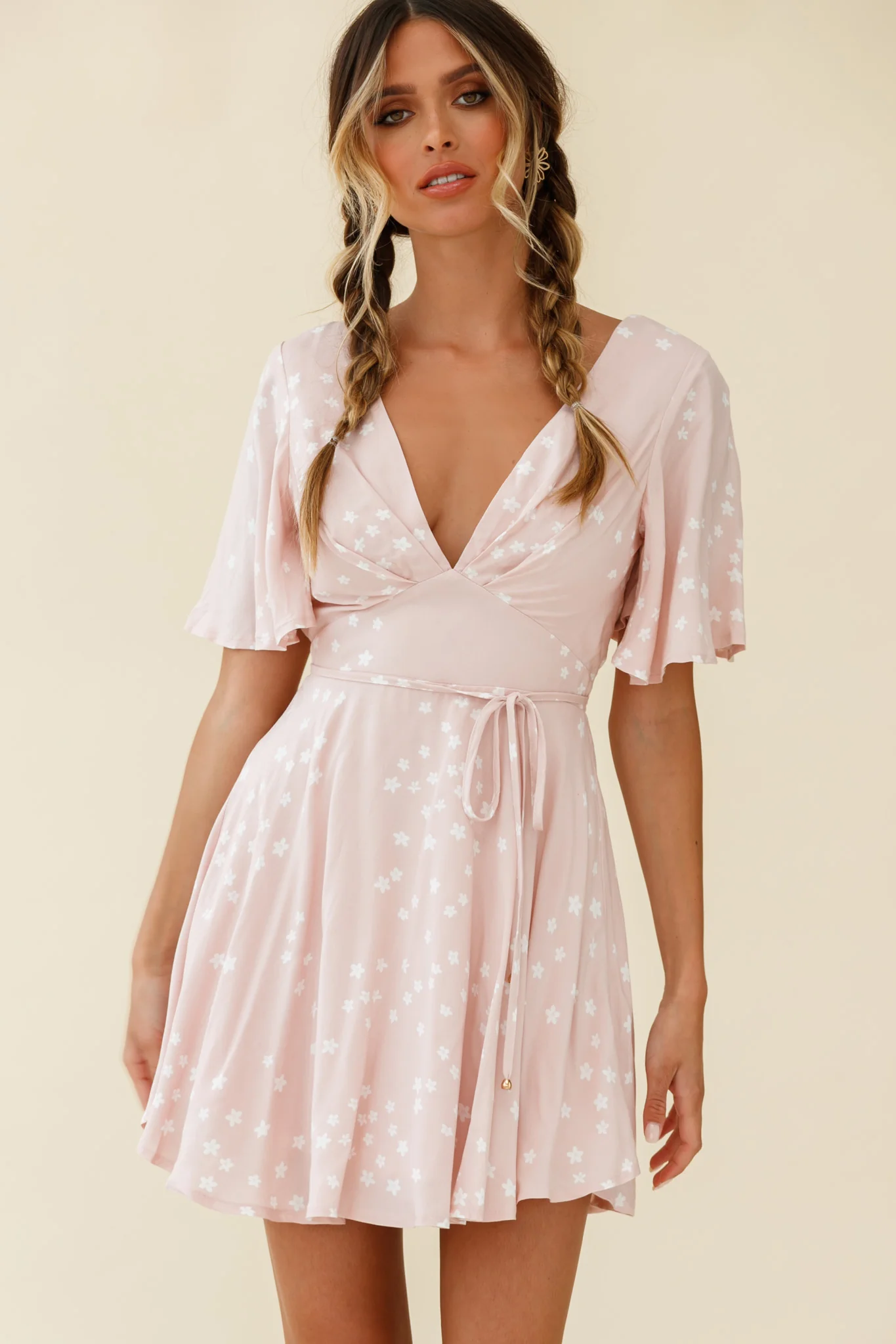 Dina V-Neckline Angel Sleeve Summer Dress Floral Print Pink - Sonourner