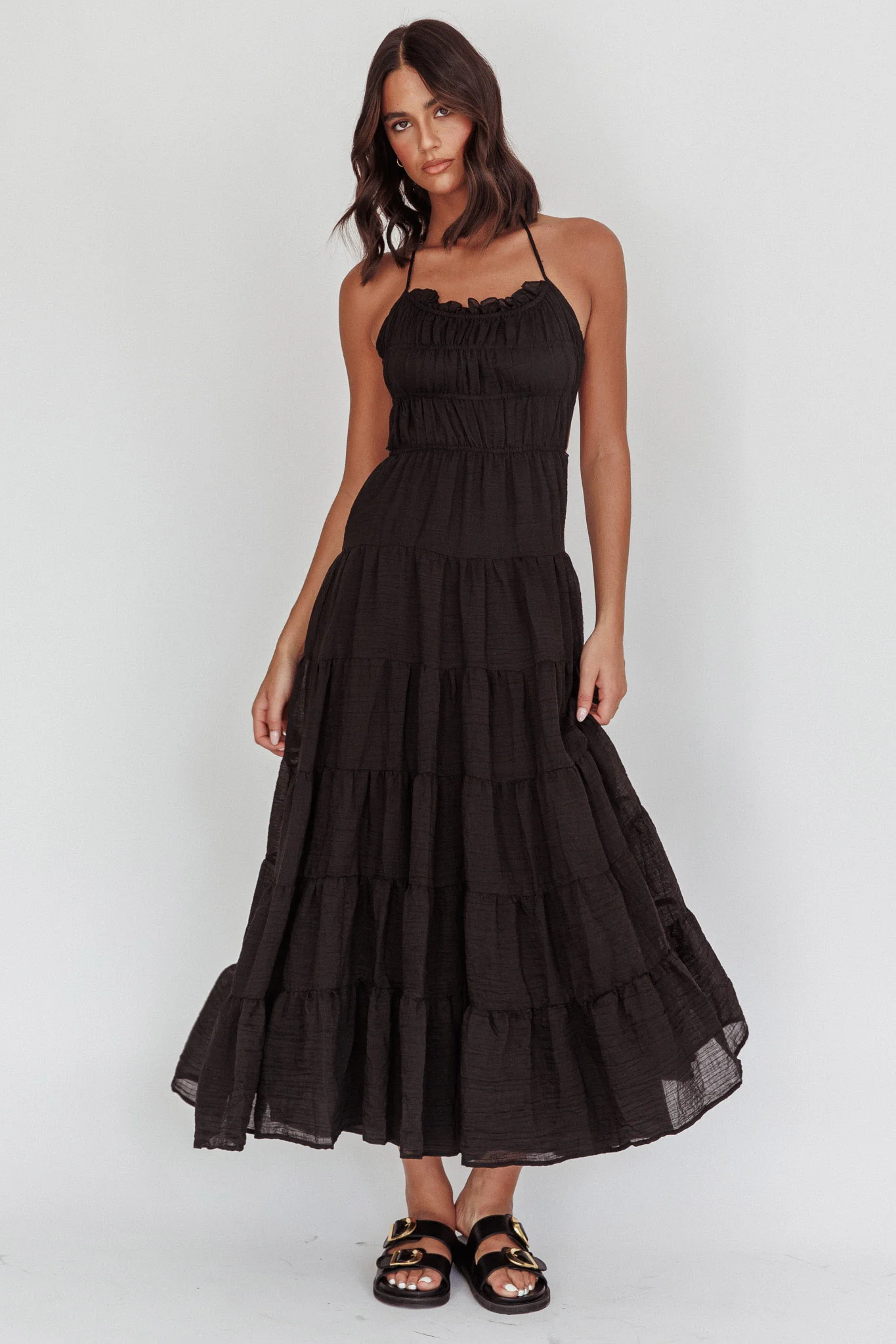 On A High Open Back Maxi Dress Black - Sonourner