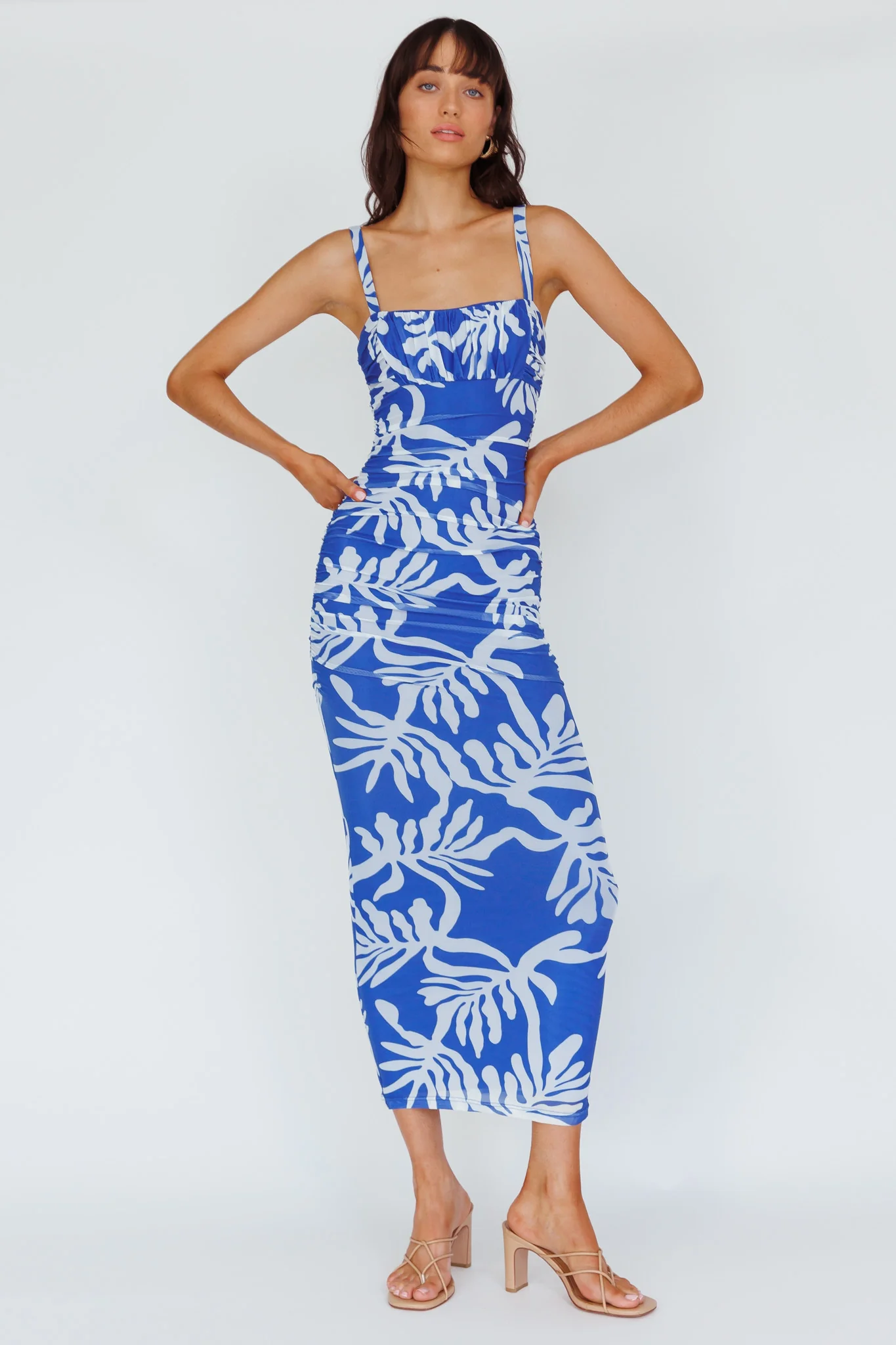 Hawaiian Sun Ruched Bust Midi Dress Print Blue - Sonourner