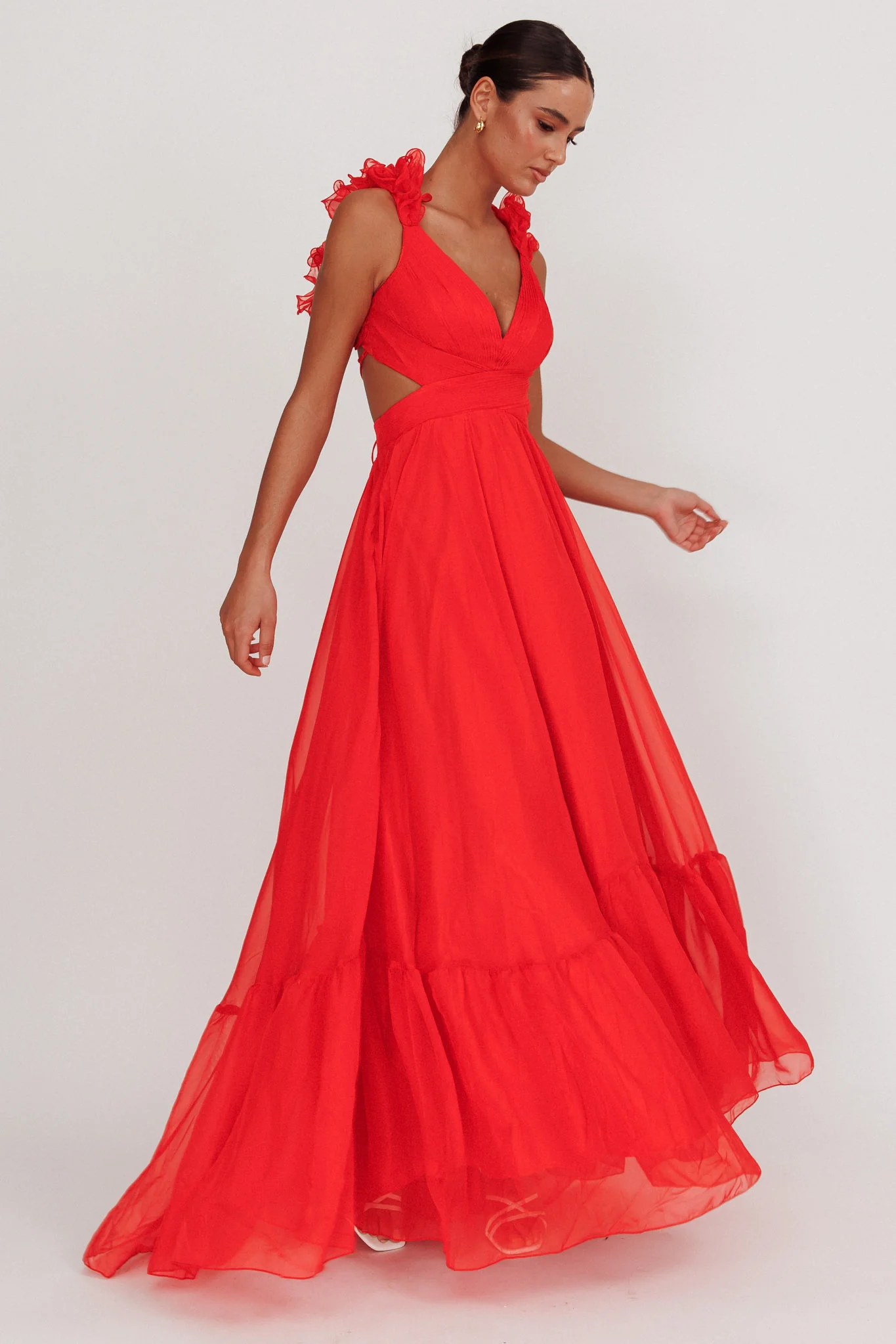 Bellamy Lace-Up Back Ruffle Maxi Dress Red - Sonourner