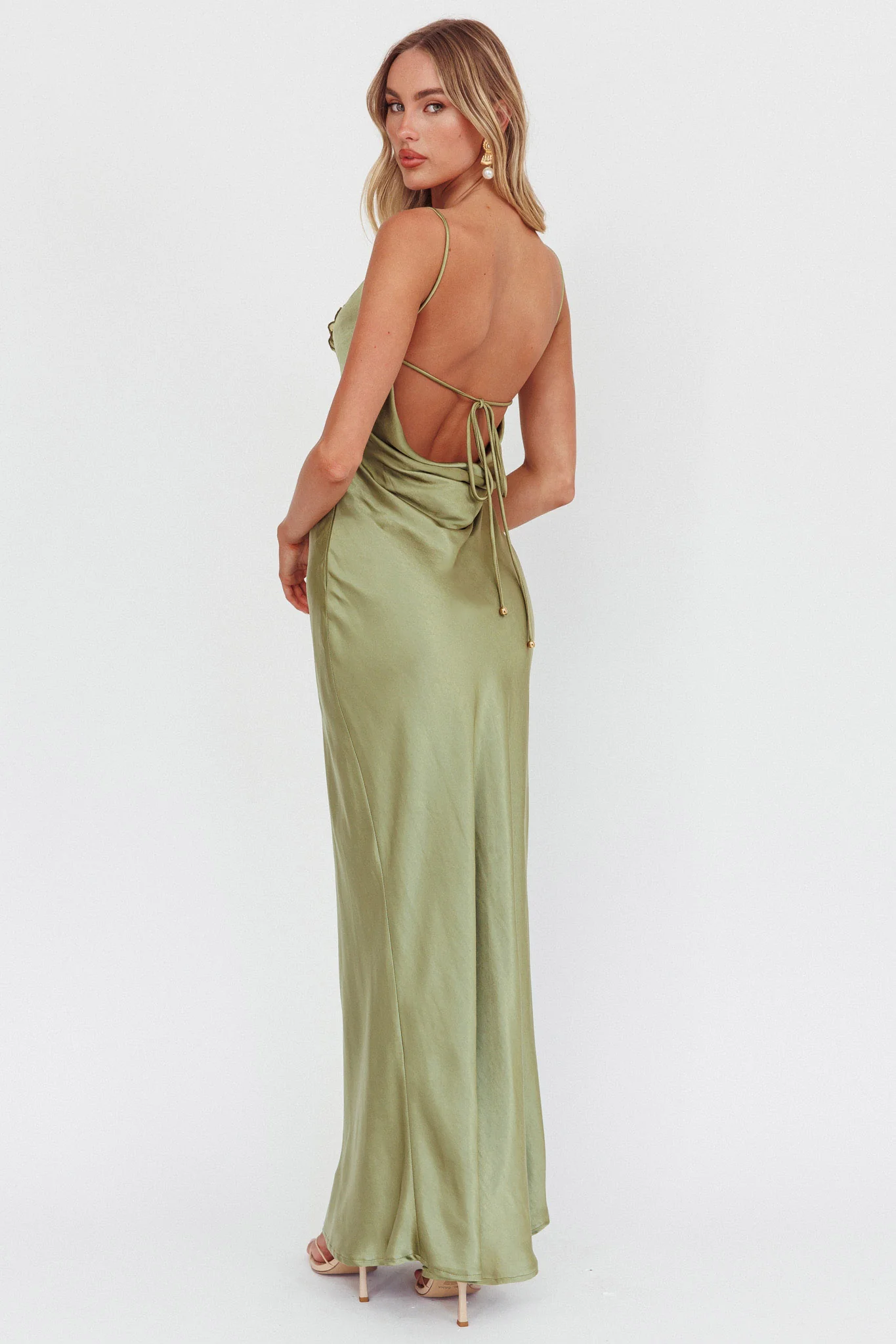 High Roller Cowl Back Rosette Maxi Dress Olive - Sonourner