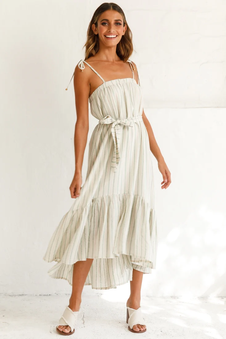 Golden Days Tied-Shoulder Midi Dress Stripe Pattern Olive - Sonourner