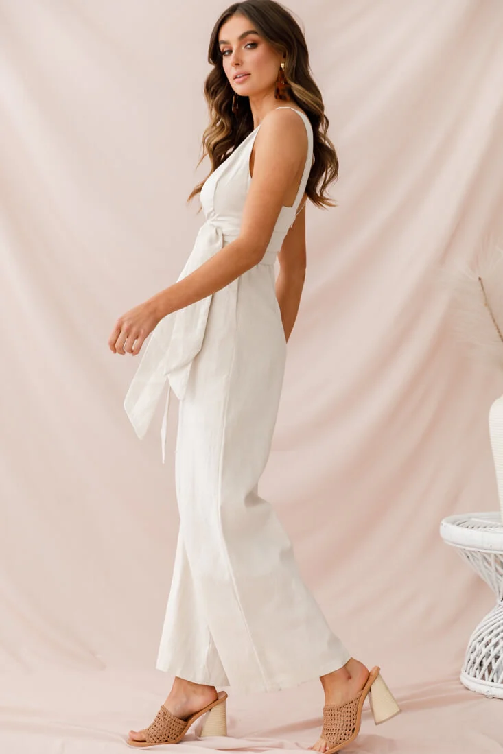 Dylan V-Neckline Wide Leg Jumpsuit Beige - Sonourner