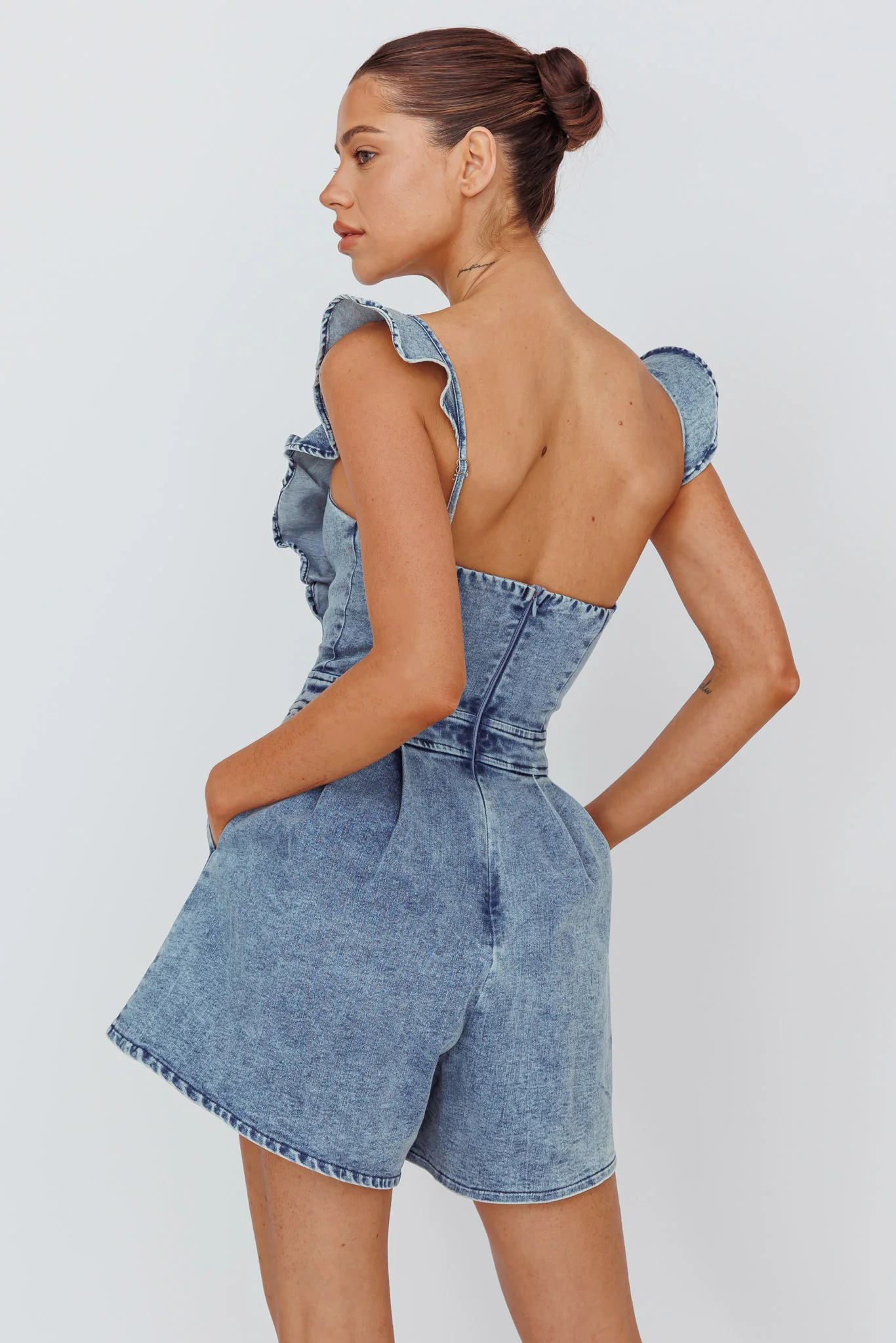 Nola Flared Ruffle Romper Denim - Sonourner