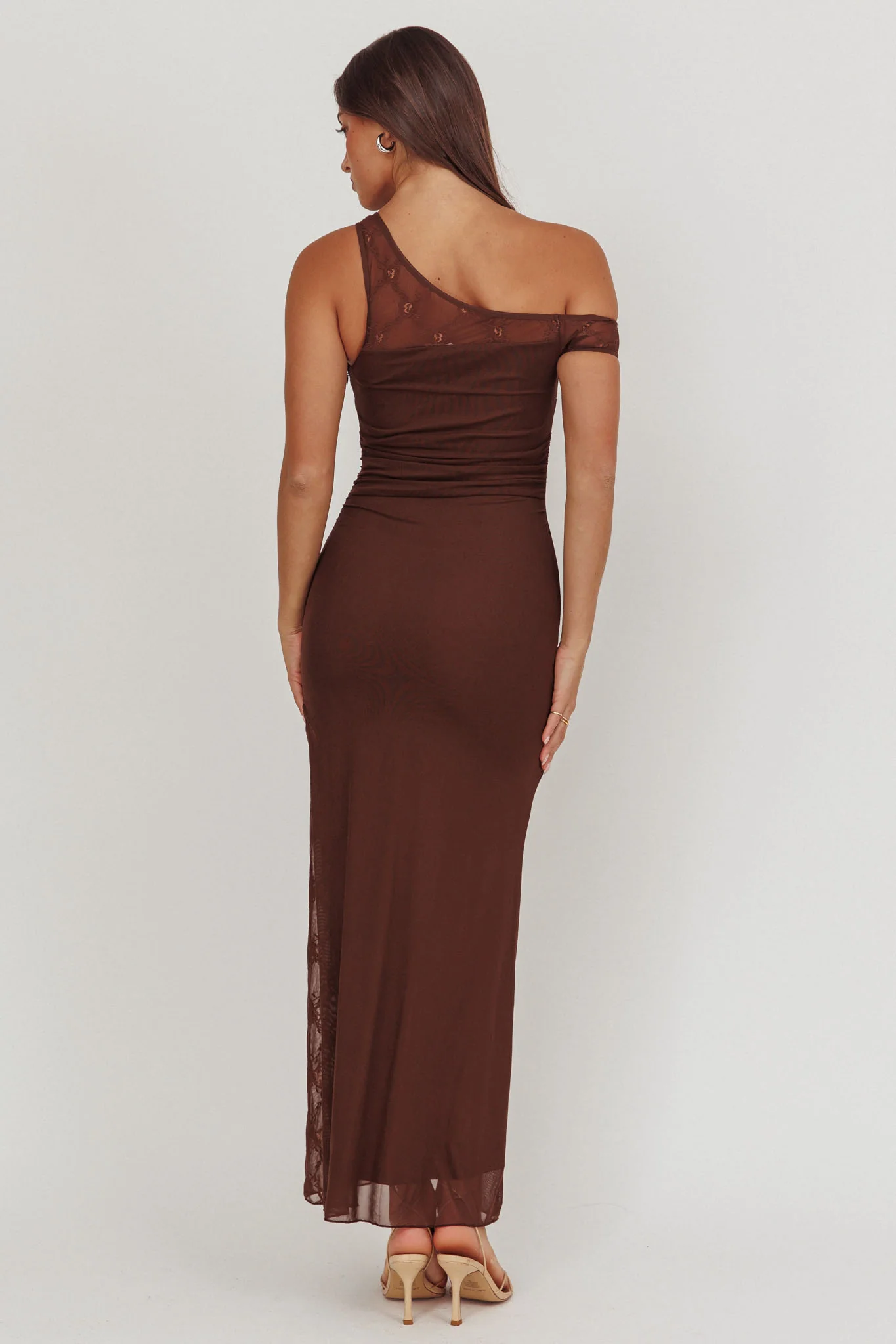 Sher One-Shoulder Lace Panel Maxi Dress Chocolate - Sonourner
